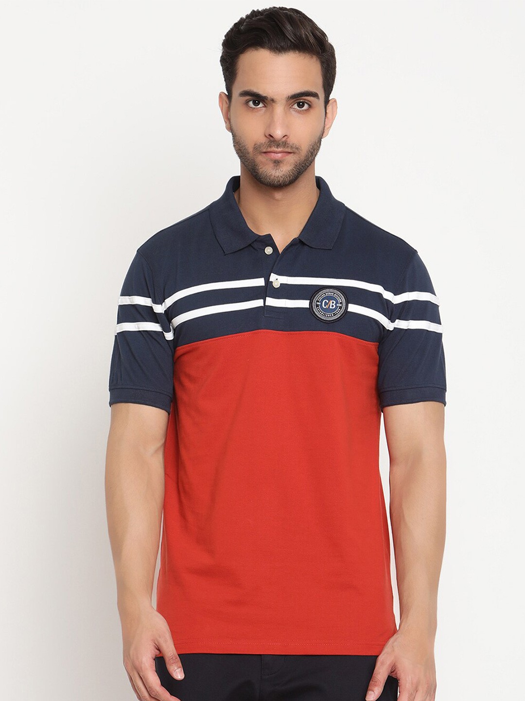 

Cantabil Striped Polo Collar Cotton T-shirt, Navy blue