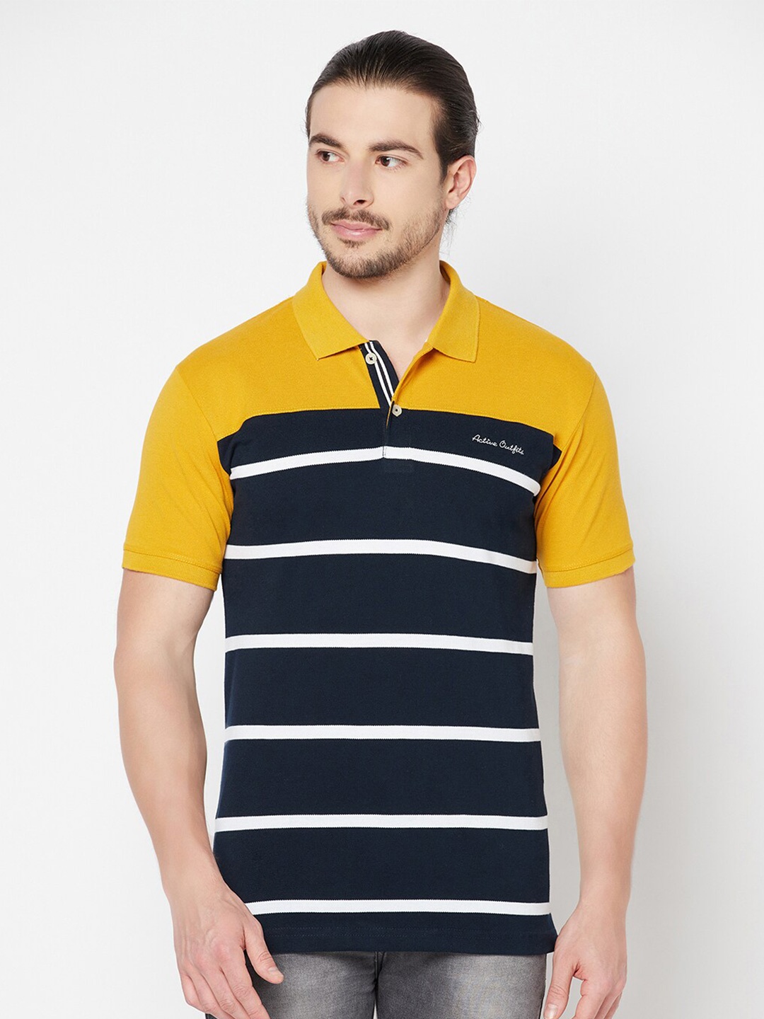 

Cantabil Striped Polo Collar Cotton T-shirt, Mustard