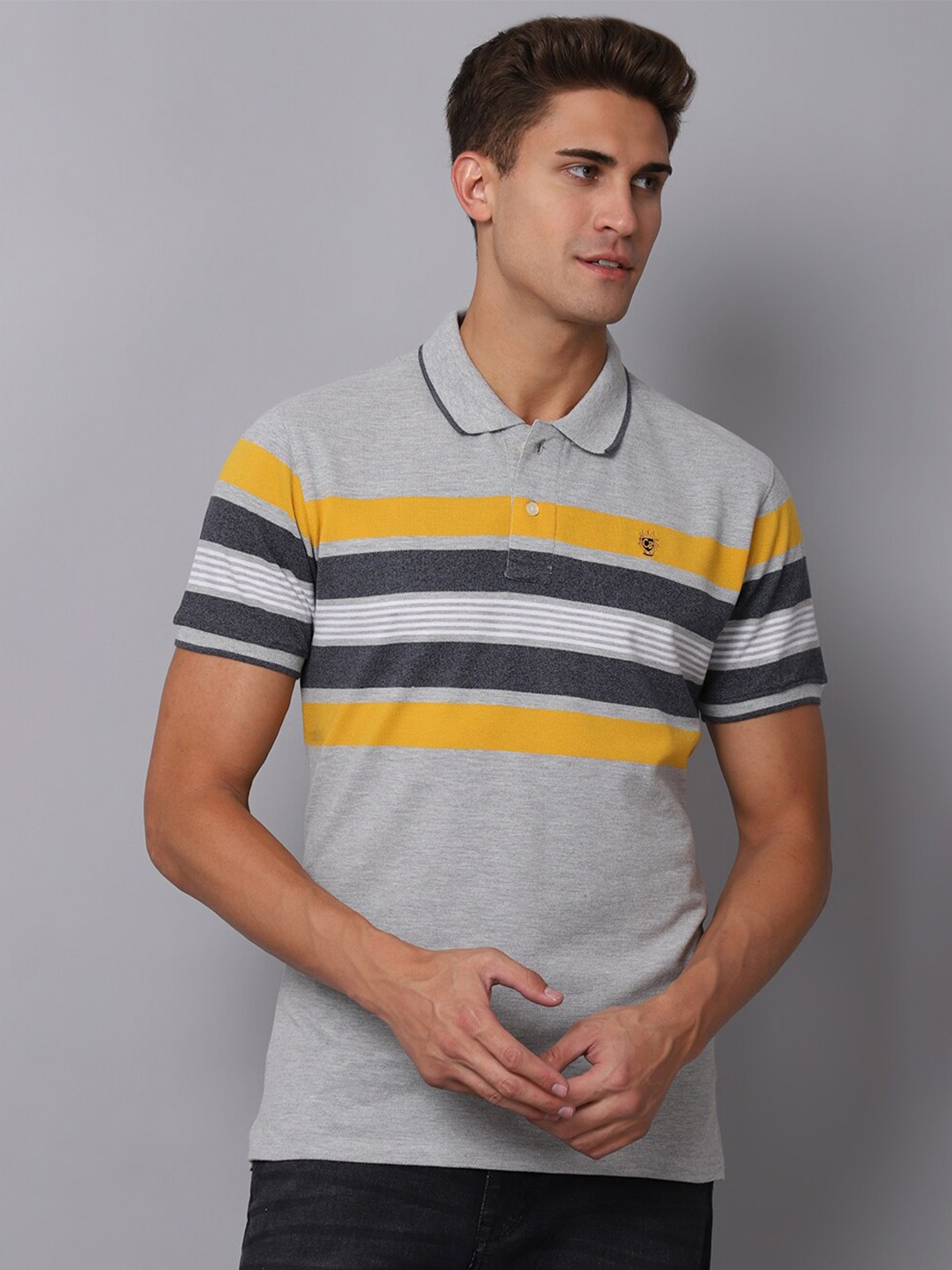 

Cantabil Striped Polo Collar Lightweight Cotton T-shirt, Grey melange