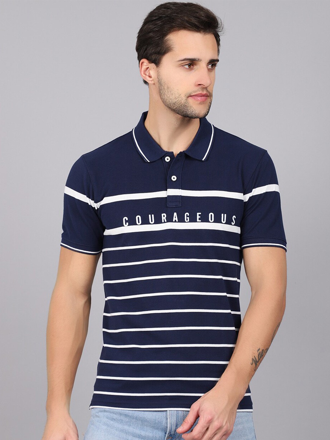 

Cantabil Striped Polo Collar Cotton T-shirt, Navy blue