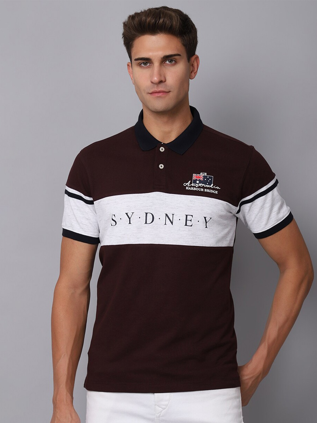 

Cantabil Men Colourblocked Polo Collar Cotton T-shirt, Maroon