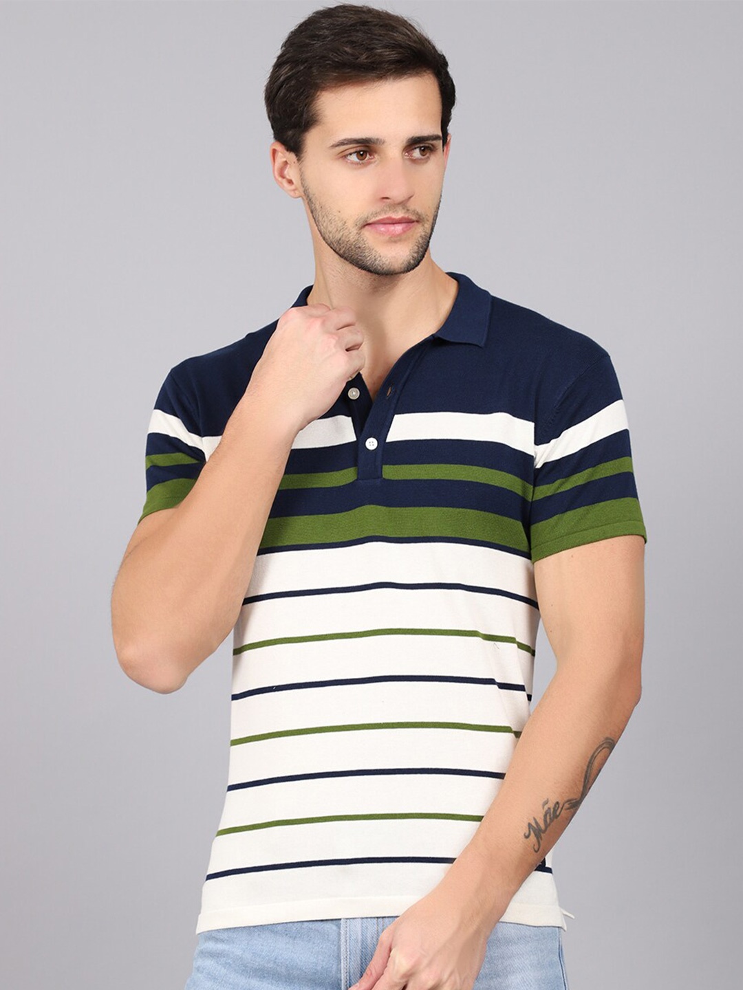 

Cantabil Striped Polo Collar Cotton T-shirt, Green