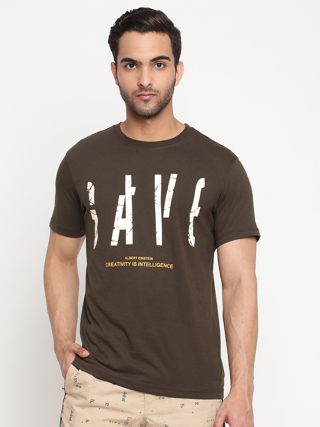 

Cantabil Typography Printed Cotton T-shirt, Brown