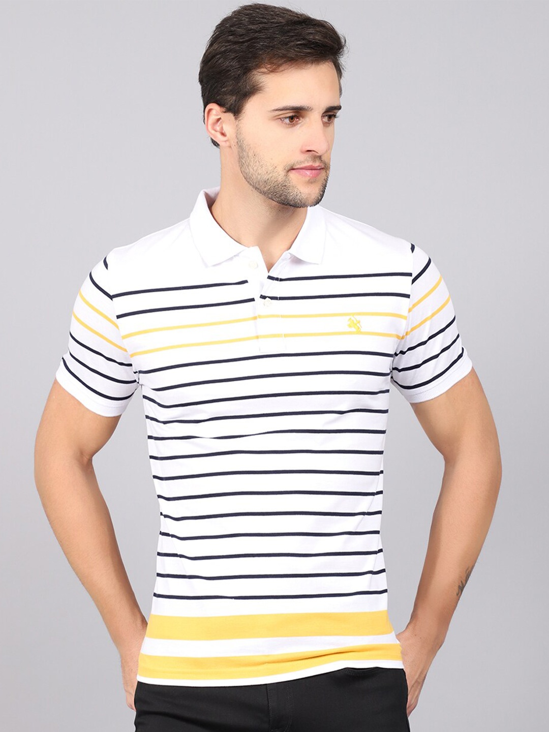 

Cantabil Striped Polo Collar Cotton T-shirt, White