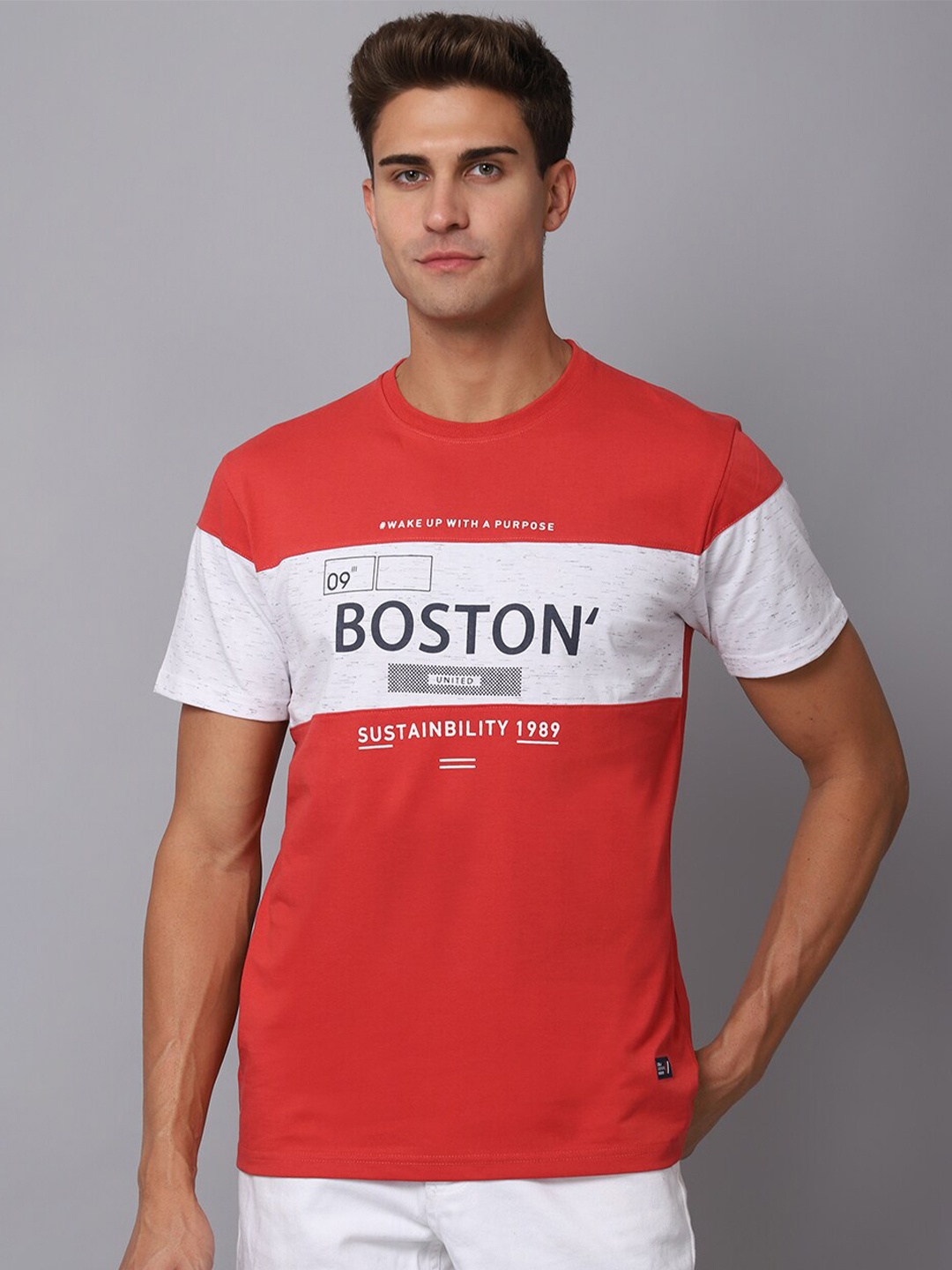 

Cantabil Typography Printed Round Neck Cotton T-shirt, Coral