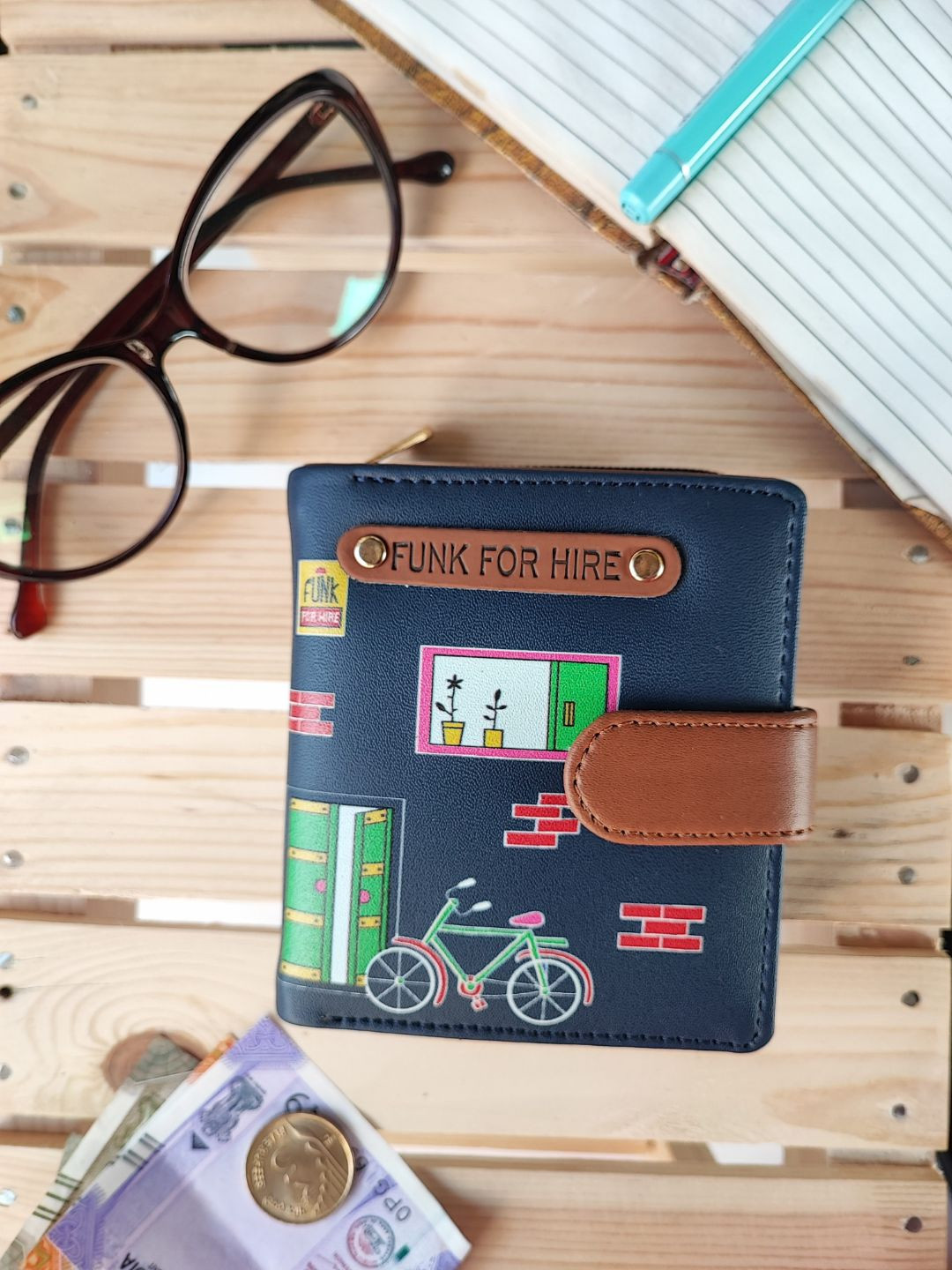 

Funk For Hire Women Printed PU Two Fold Wallet With SD Card Holder, Navy blue