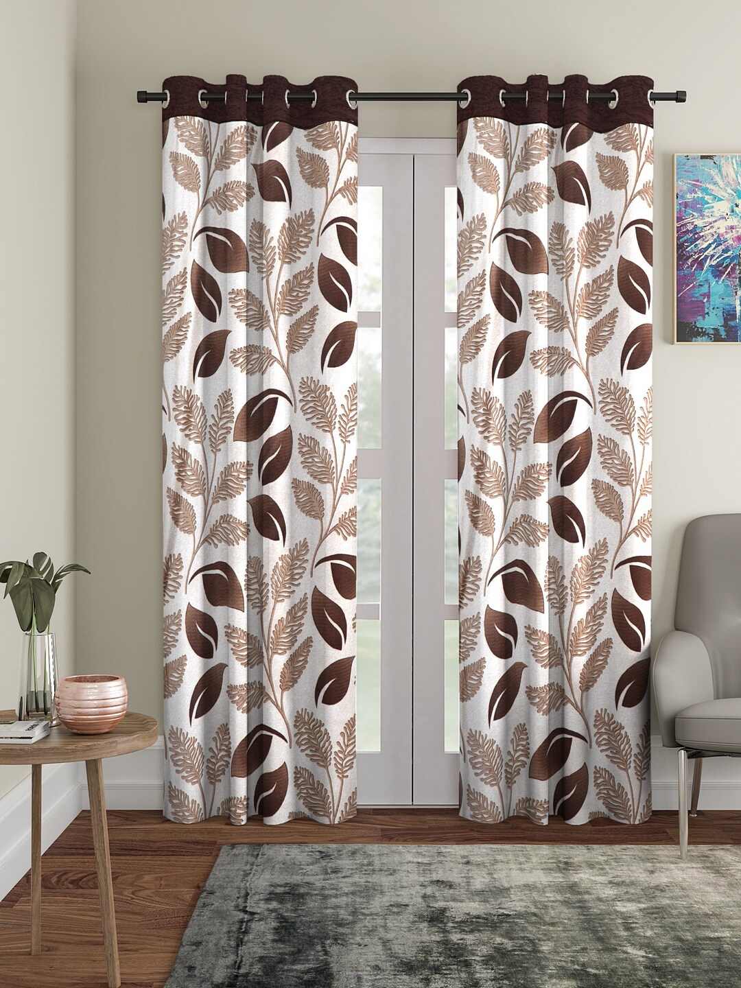 Cortina White & Brown 2 Pcs Floral Printed Door Curtains