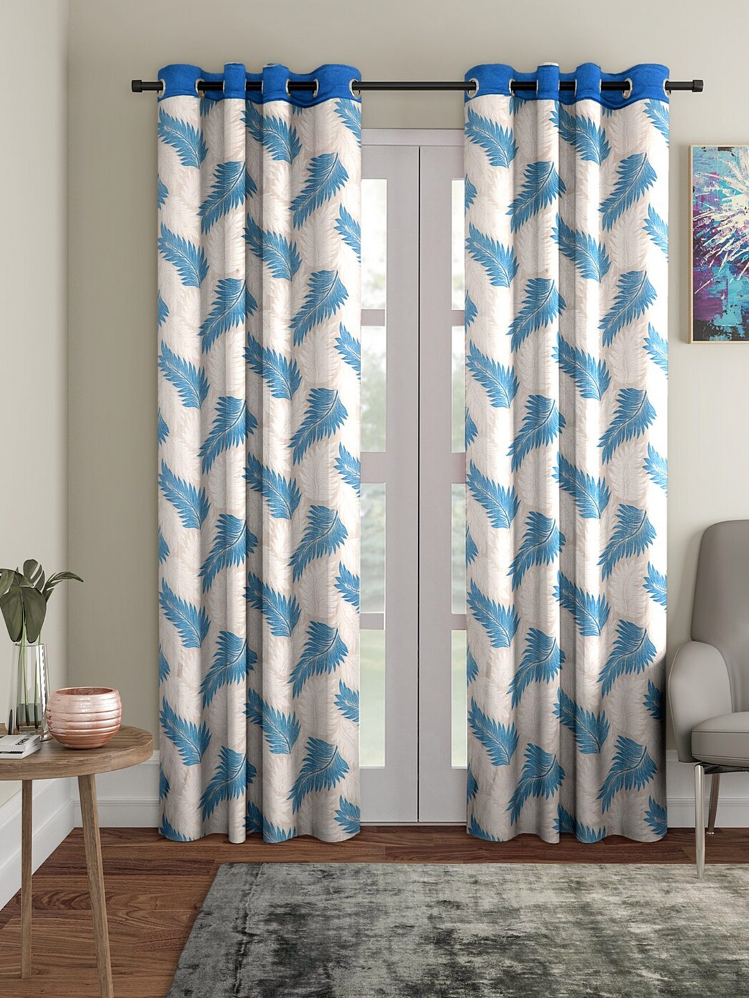 

Cortina Cream-Coloured & Blue 2 Pcs Floral Long Door Curtains