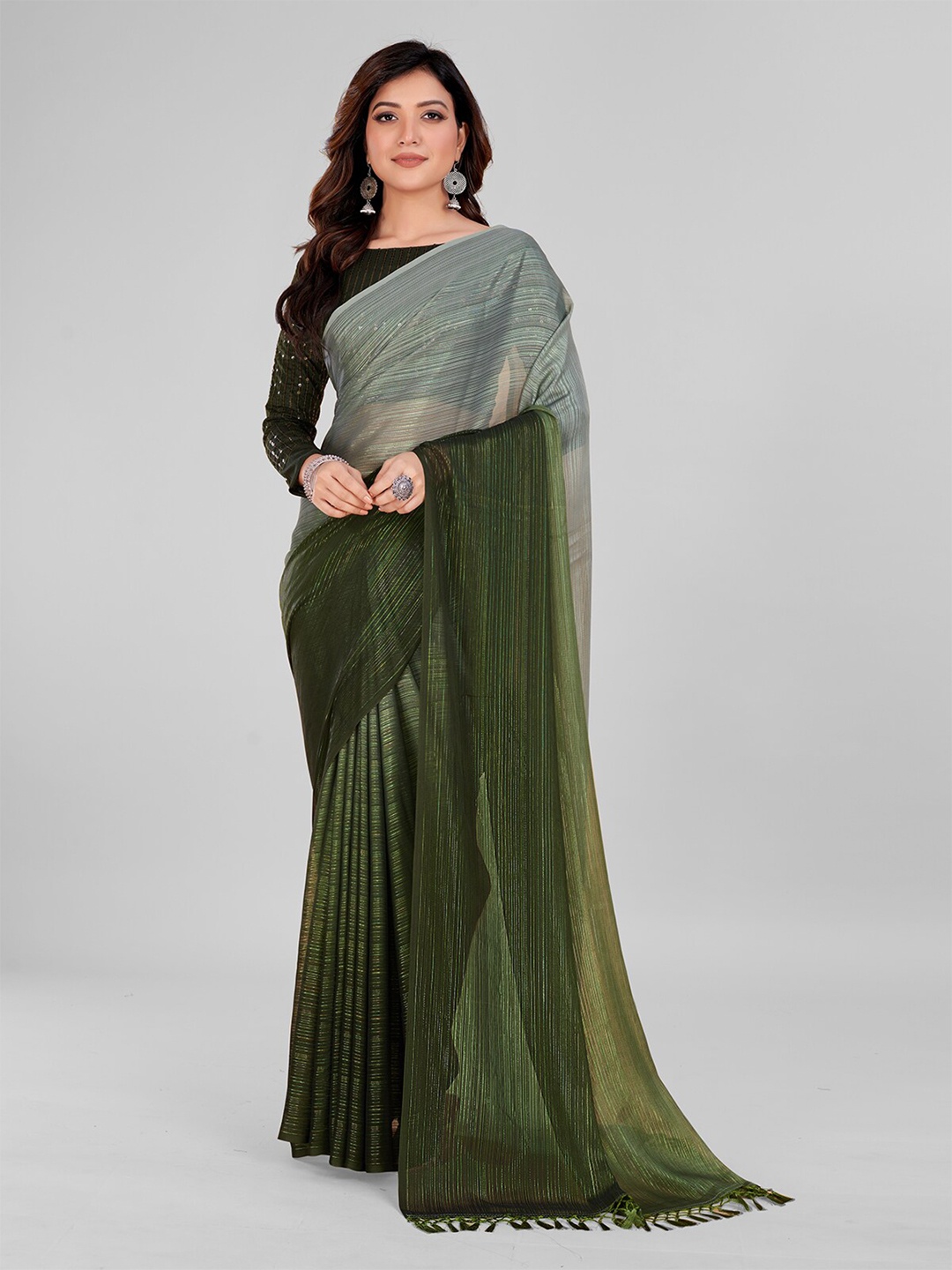 

Mitera Striped Art Silk Saree, Olive