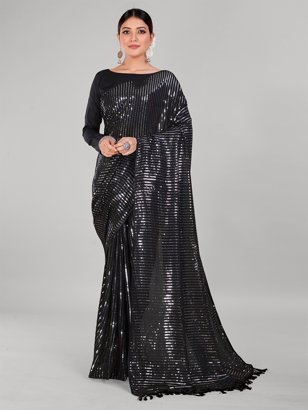 

Mitera Embellished Sequinned Pure Georgette Saree, Black