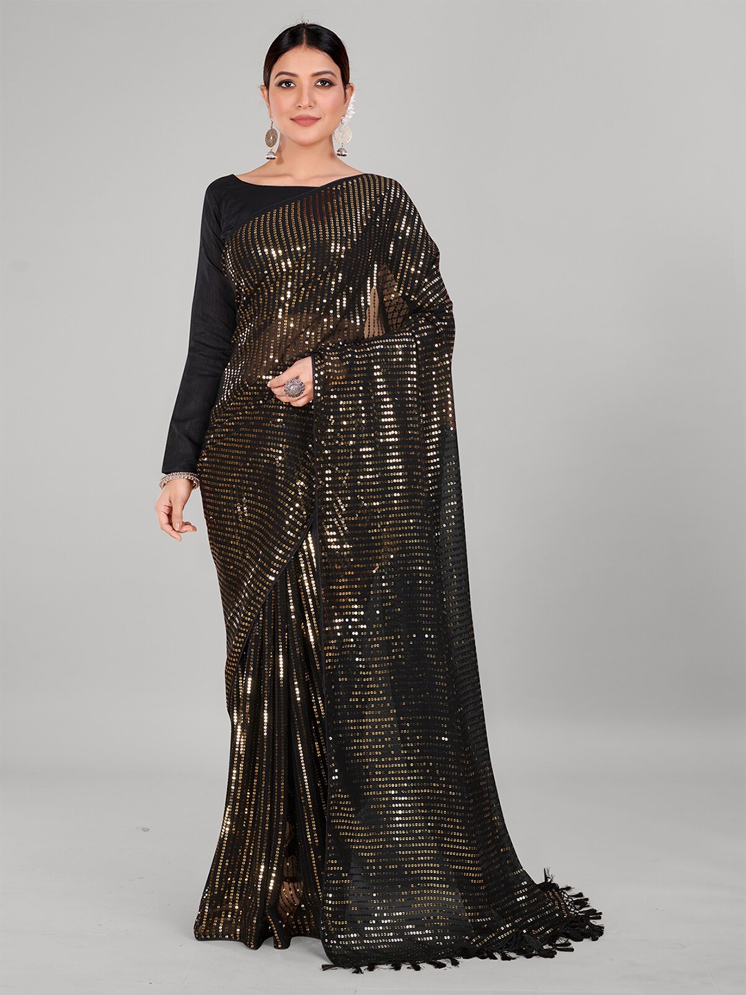 

Mitera Embellished Sequinned Pure Georgette Saree, Black