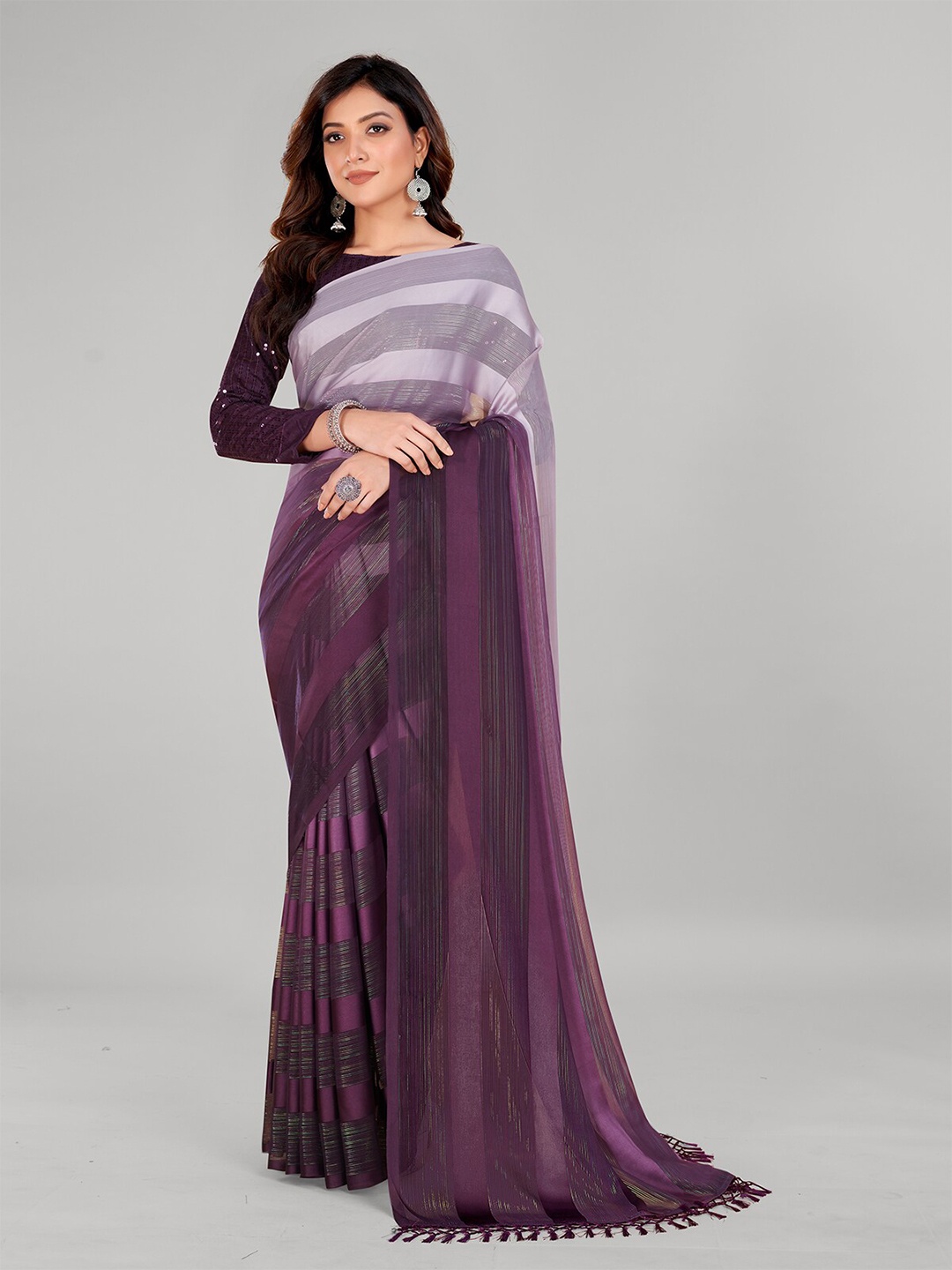 

Mitera Embellished Striped Art Silk Saree With Tassel, Purple