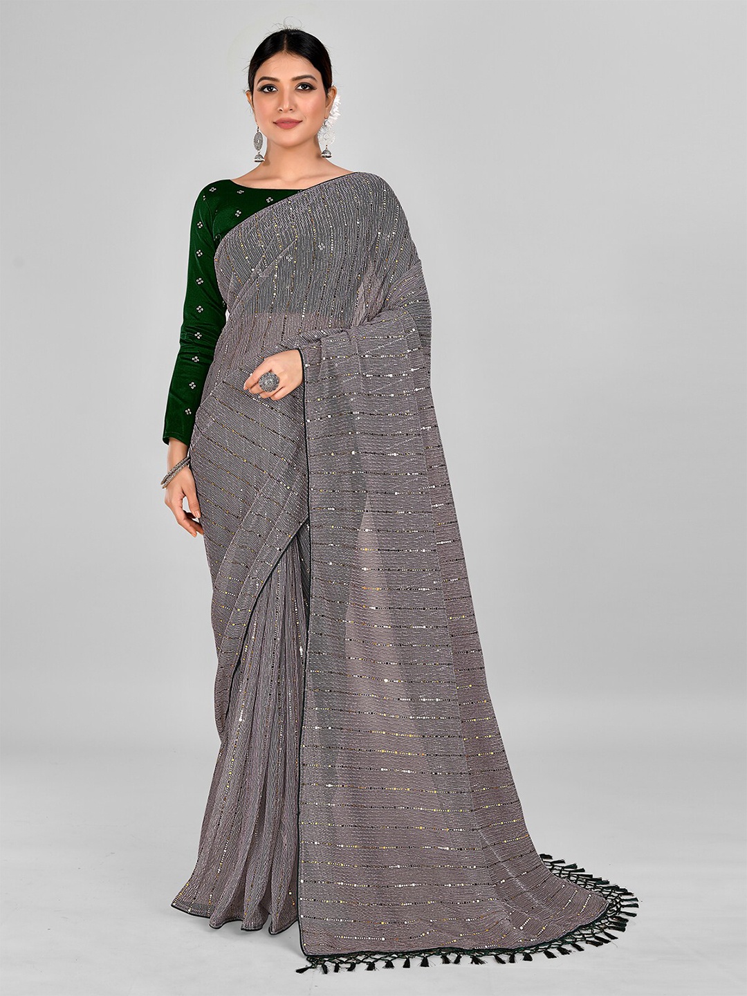 

Mitera Embellished Sequinned Art Silk Saree With Tassels, Grey