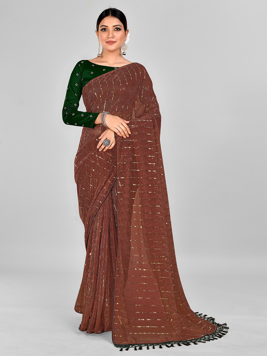 

Mitera Embellished Sequinned Art Silk Saree With Tassels, Brown
