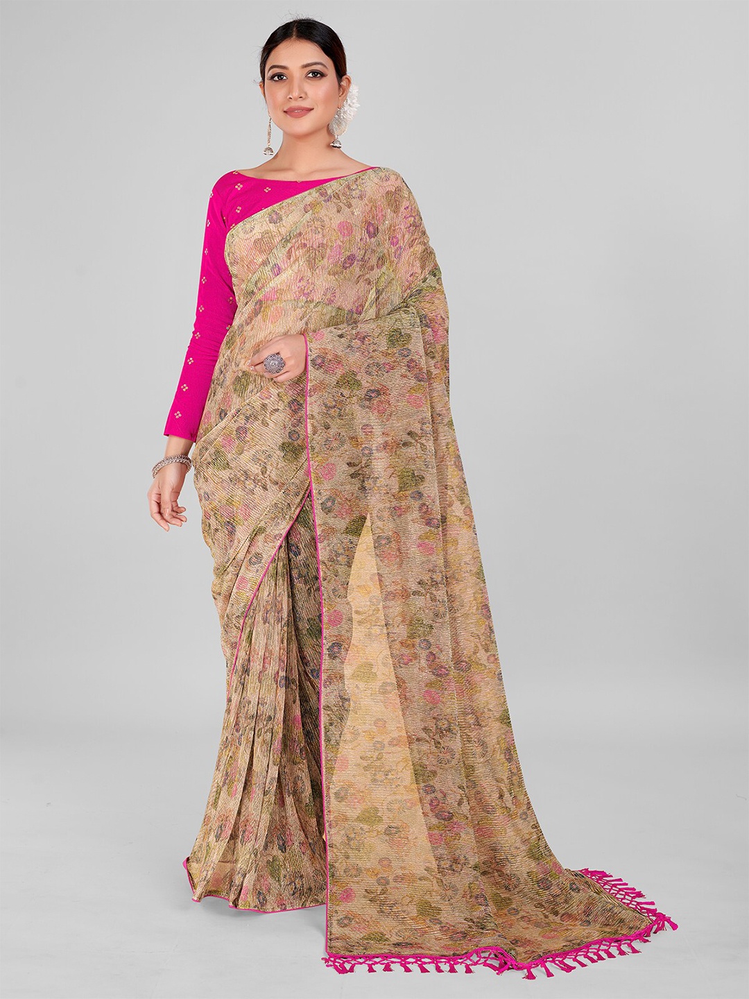 

Mitera Floral Printed Art Silk Saree, Beige