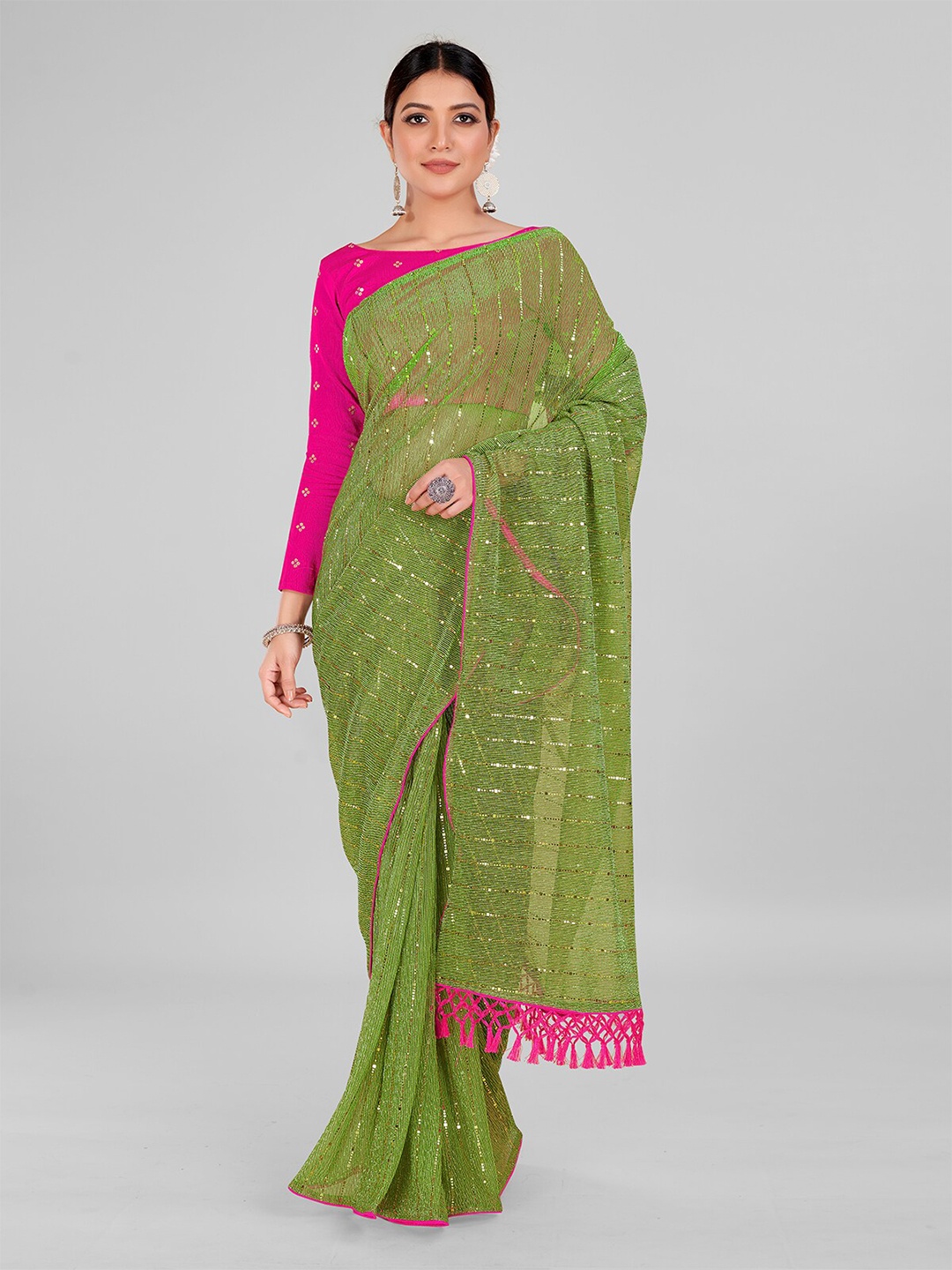 

Mitera Embellished Sequinned Art Silk Saree, Green