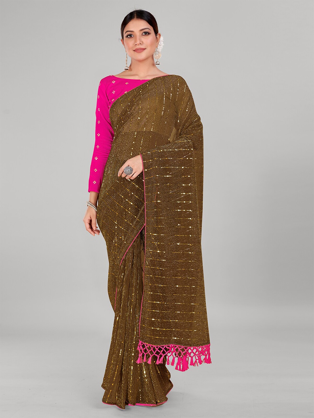 

Mitera Embellished Sequinned Art Silk Saree, Brown