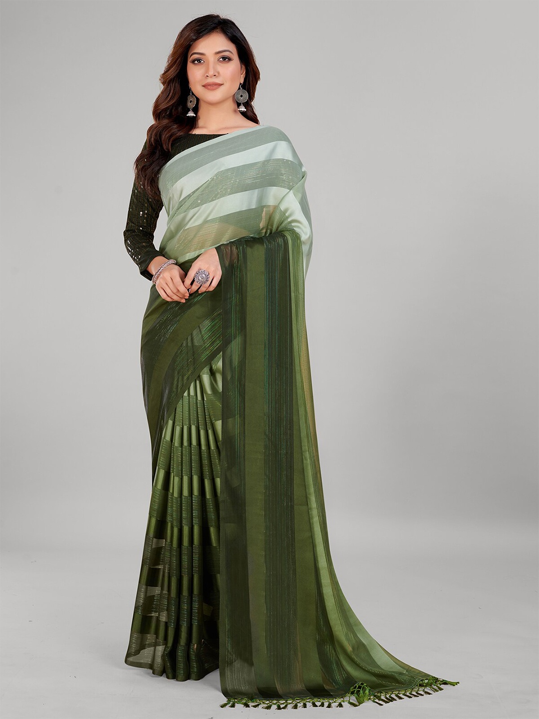 

Mitera Striped Art Silk Saree, Green