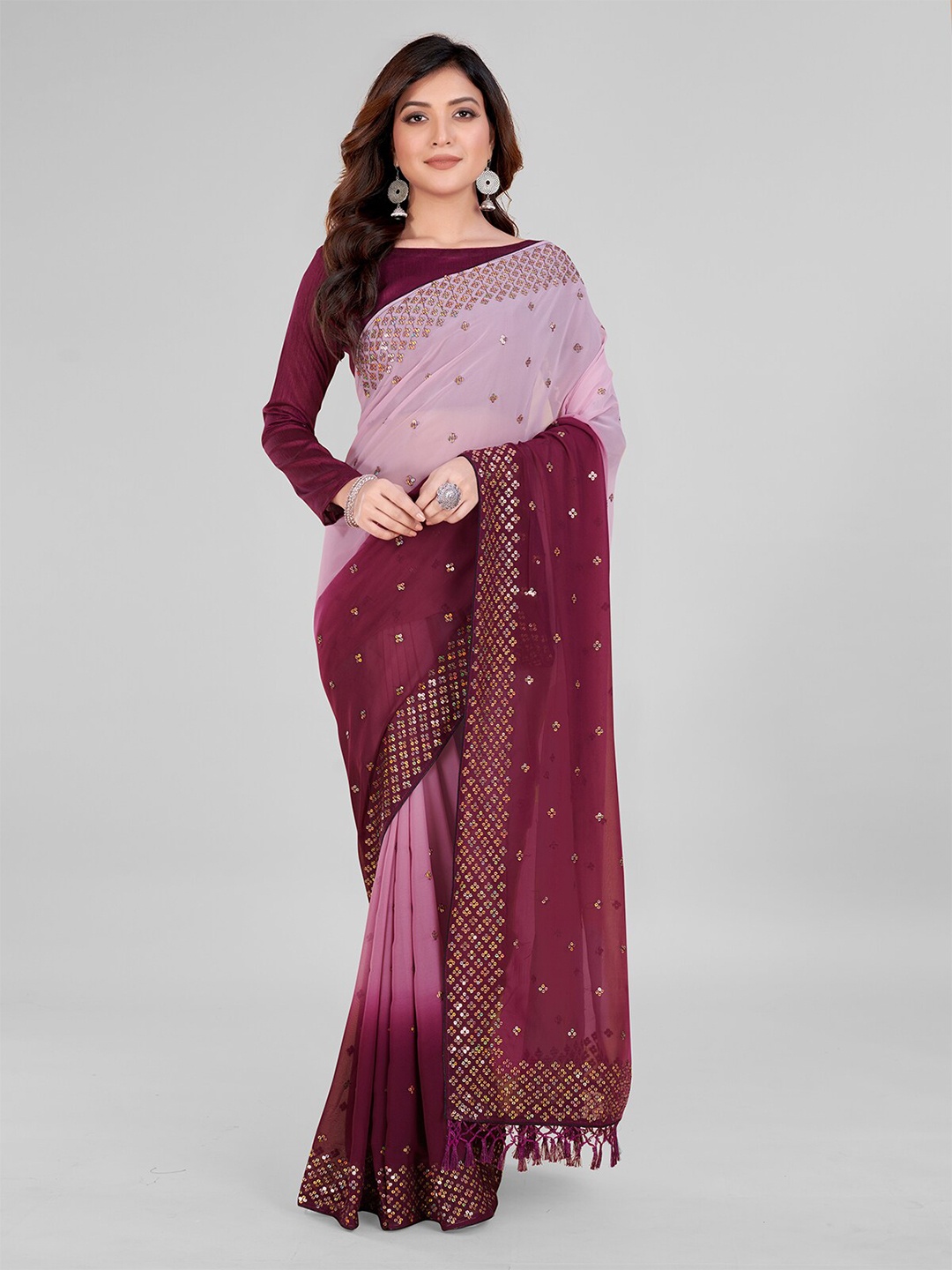 

Mitera Embellished Sequinned Pure Georgette Saree, Pink