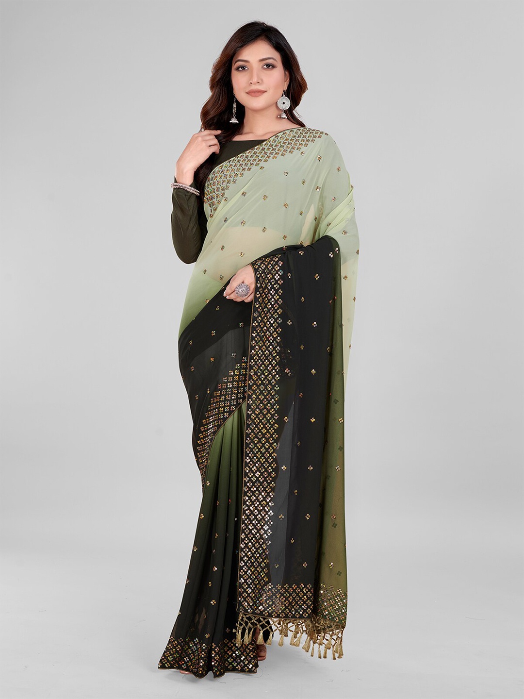 

Mitera Embellished Sequinned Pure Georgette Saree, Green