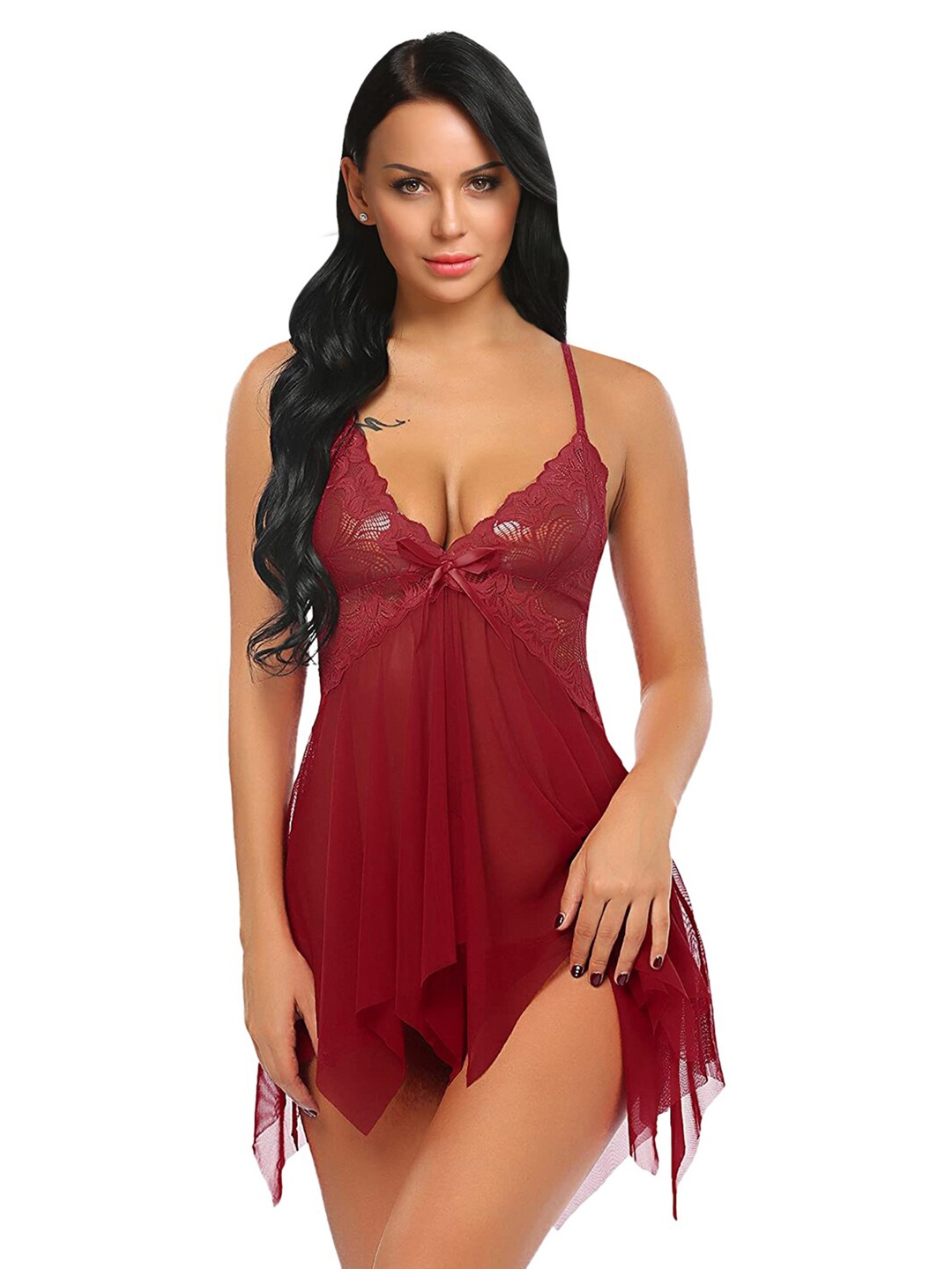 

VAGHBHATT Lace Asymmetric Self-Design Baby Doll, Maroon