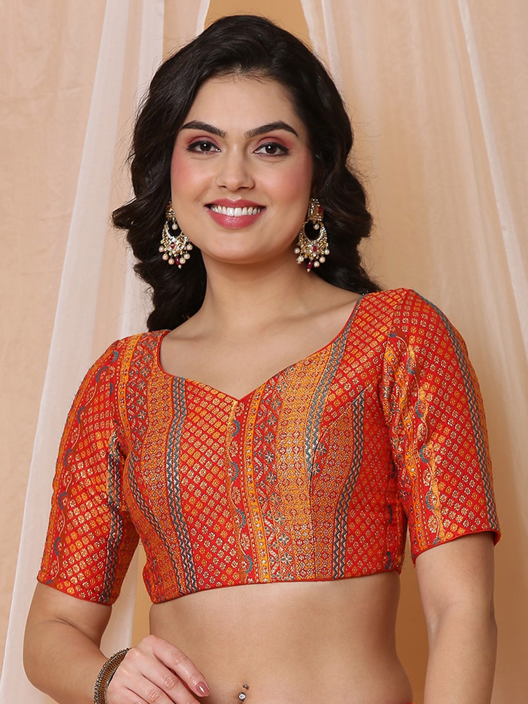 

SALWAR STUDIO Woven Design Readymade Saree Blouse, Red