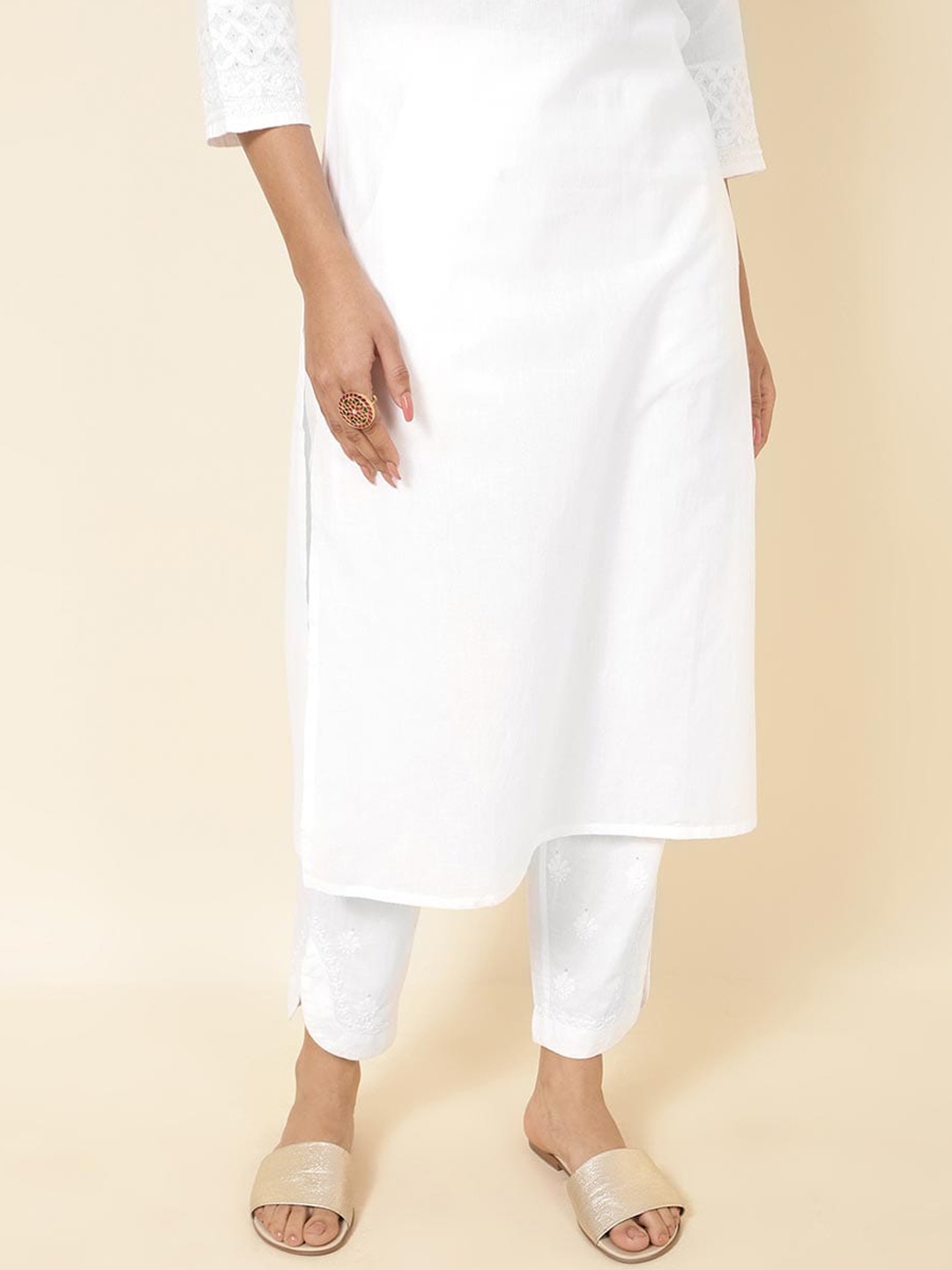 

Fabindia Women Comfort Mid-Rise Cotton Parallel Trousers, White