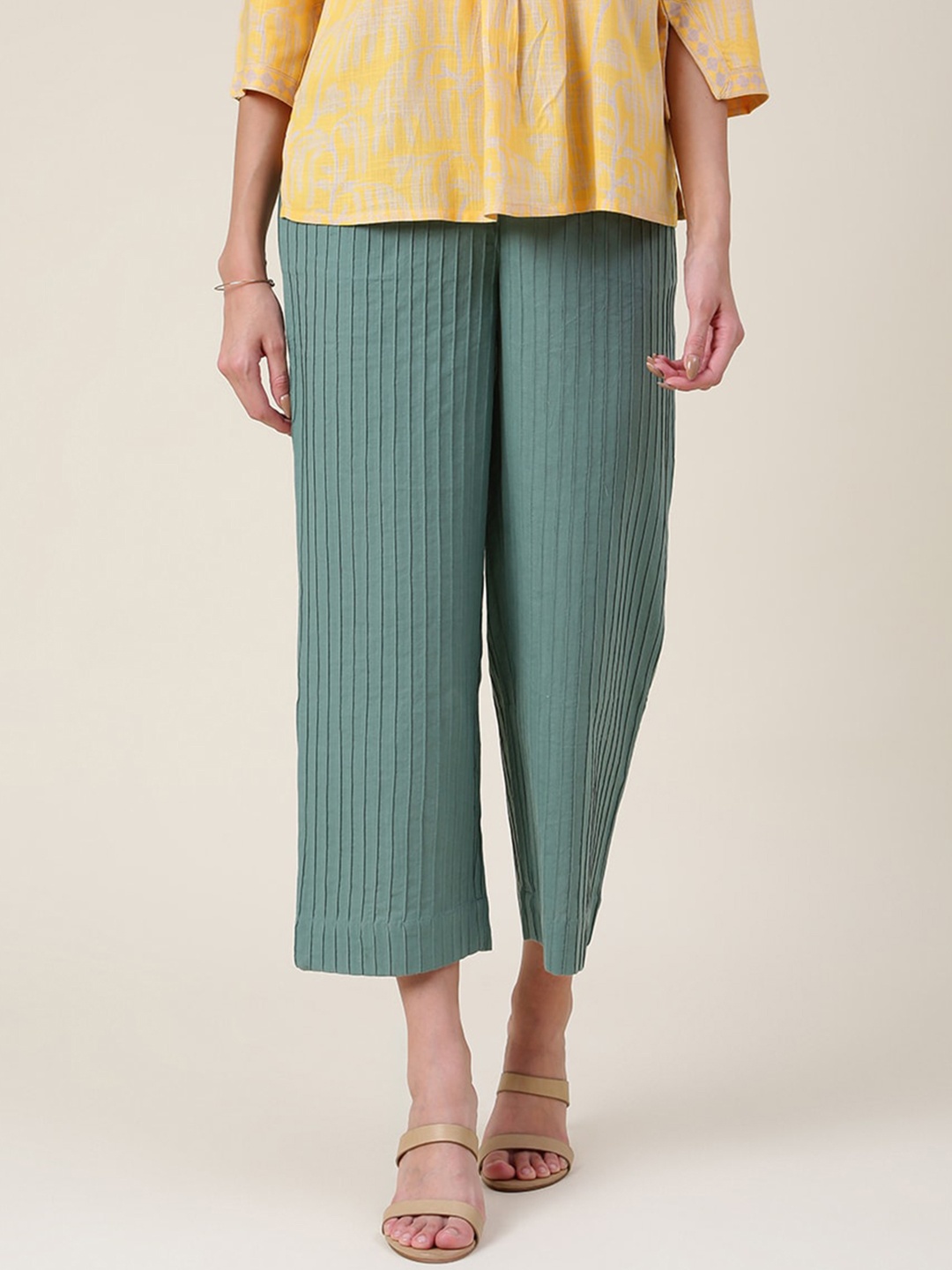 

Fabindia Women Comfort Striped Cotton Parallel Trousers, Green