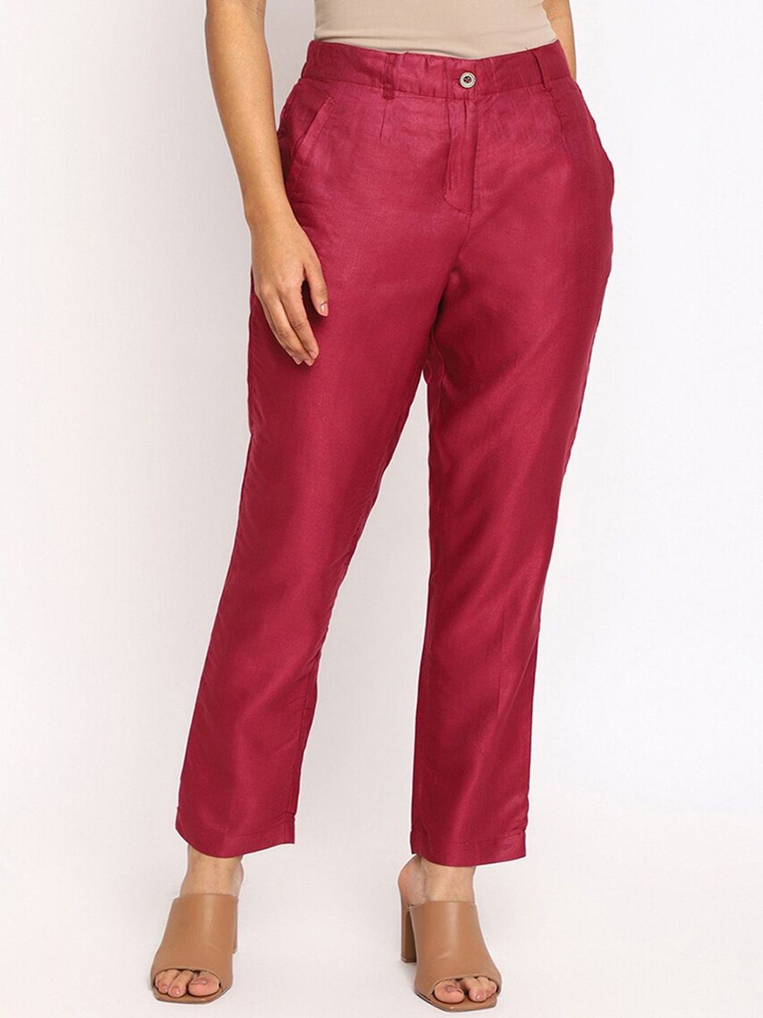 

Fabindia Women Mid-Rise Comfort Plain Slim Fit Trousers, Red