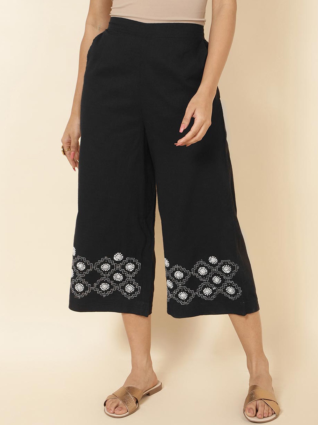 

Fabindia Women Mid-Rise Printed Comfort Plain Cotton Culottes Trousers, Black