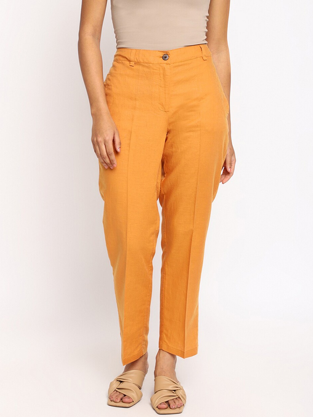 

Fabindia Women Comfort Slim Fit Formal Trousers, Mustard