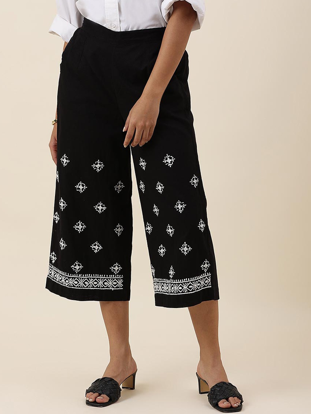

Fabindia Women Comfort Floral Embroidered Cotton Culottes, Black