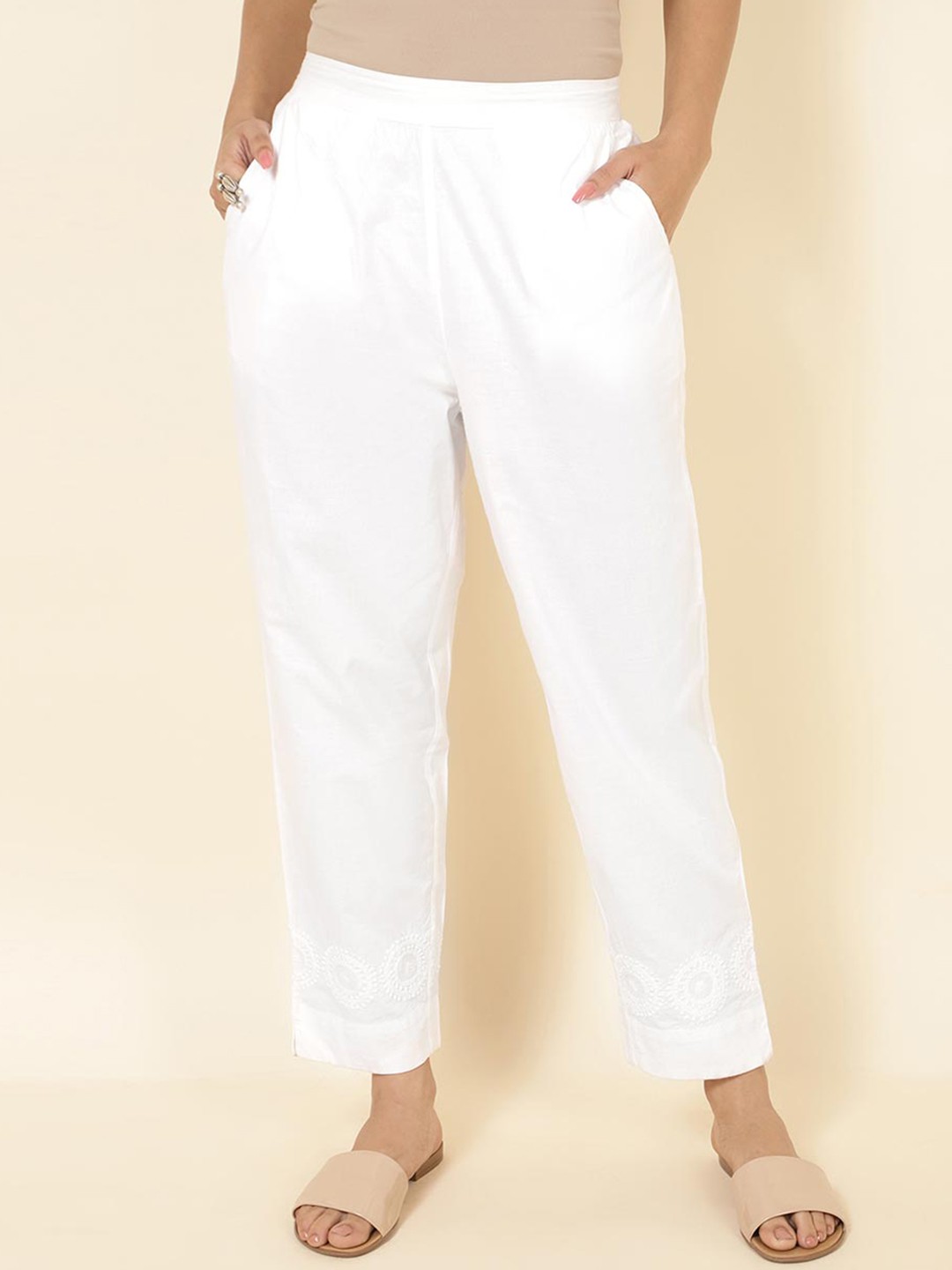 

Fabindia Women Cotton Comfort Pleated Cropped Culottes Trousers, White