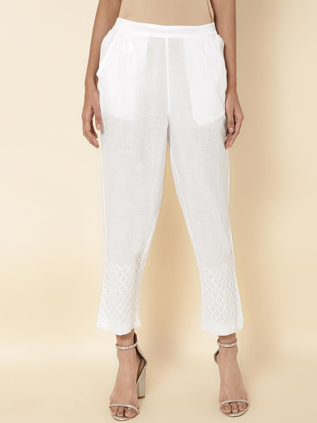 

Fabindia Women Cotton Comfort Cropped Culottes Trousers, White