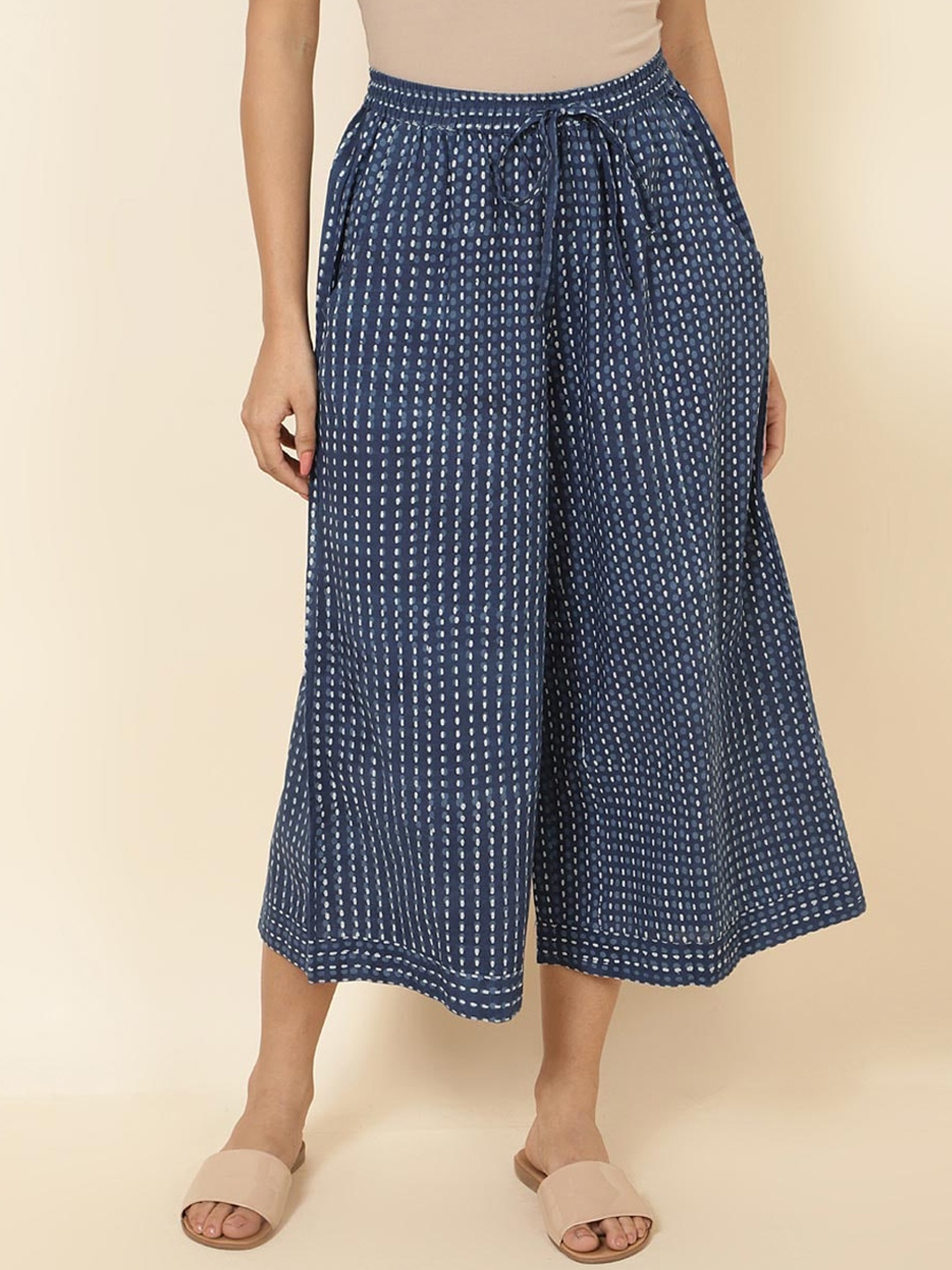 

Fabindia Women Comfort Printed Mid-Rise Cotton Culottes, Navy blue