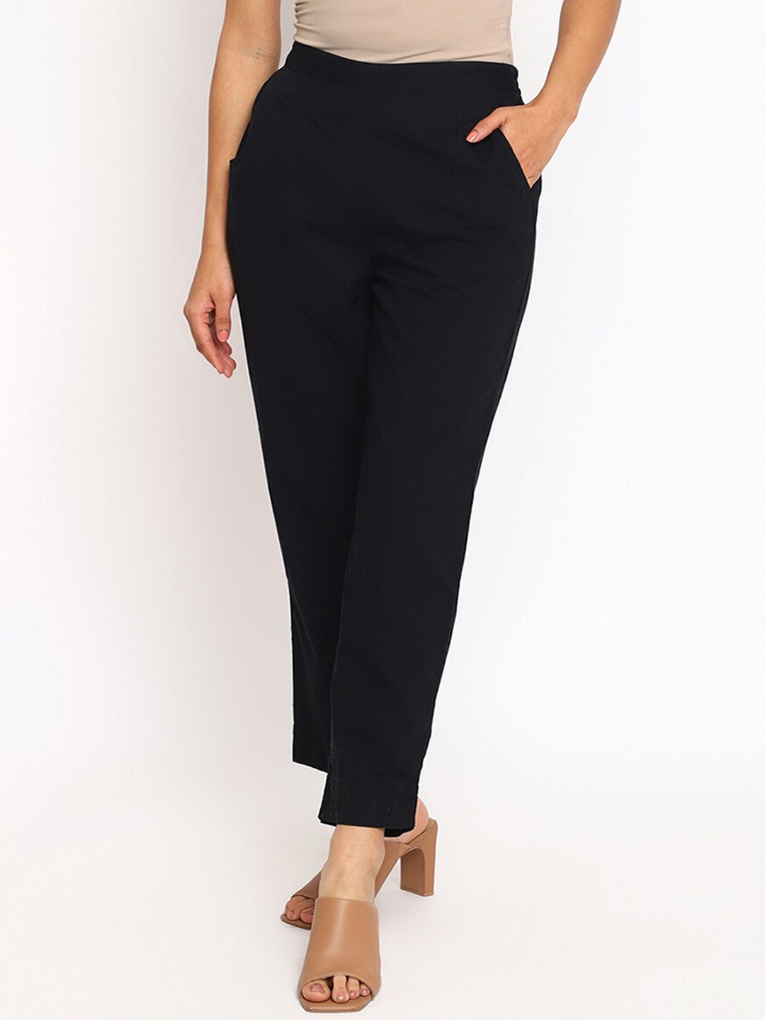 

Fabindia Women Cotton Comfort Mid-Rise Parallel Trousers, Black