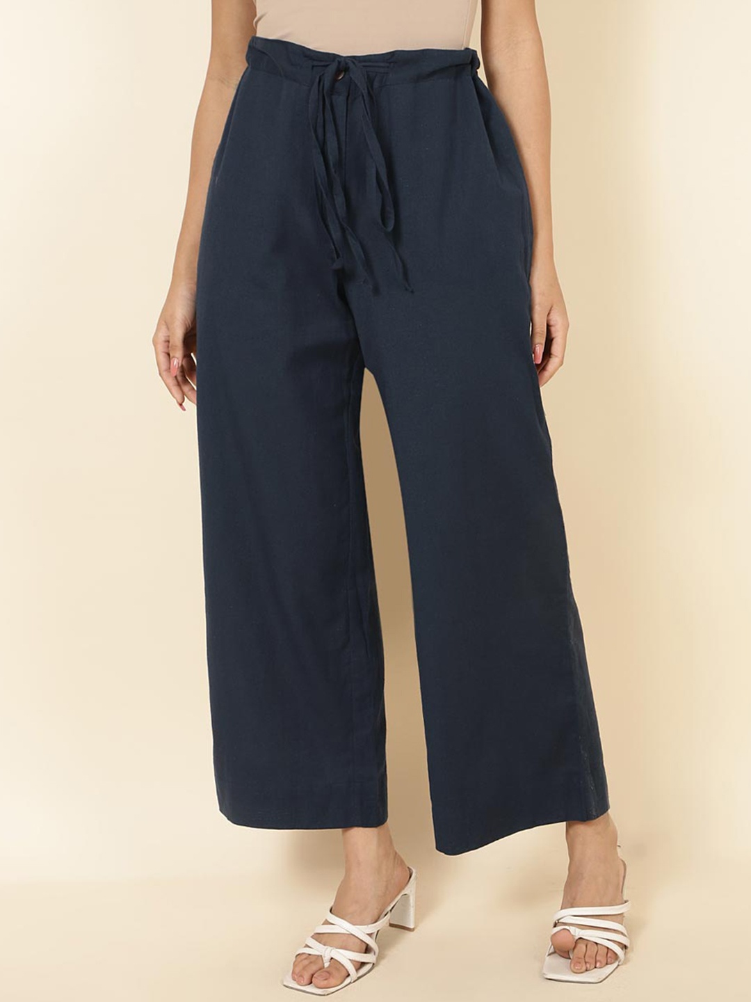 

Fabindia Women Comfort Mid-Rise Linen Parallel Trousers, Navy blue