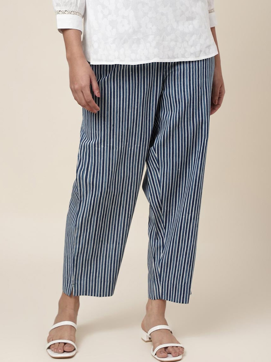 

Fabindia Women Mid-Rise Striped Plain Comfort Cotton Trousers, Blue