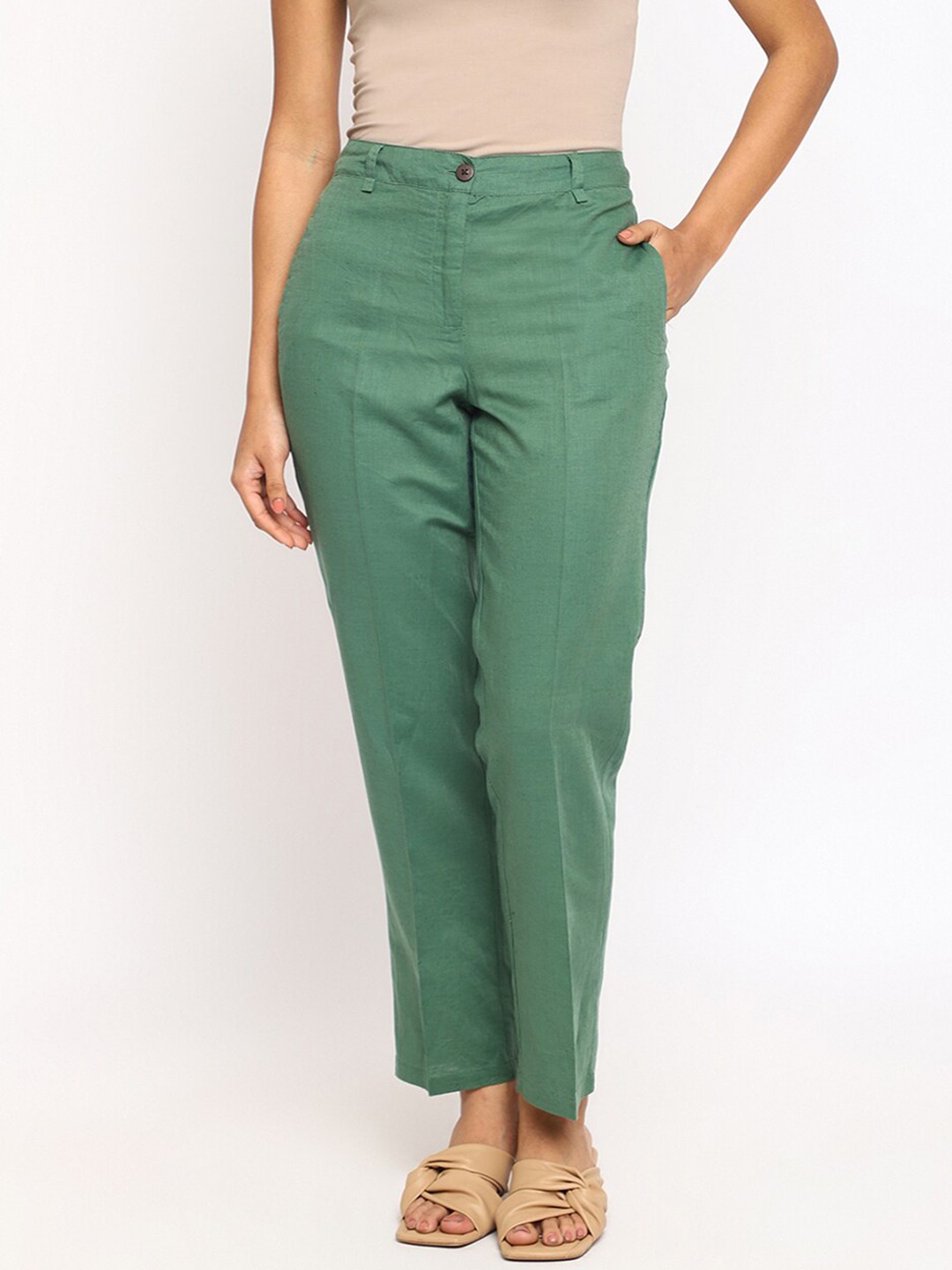 

Fabindia Women Comfort Slim Fit Linen Trousers, Green