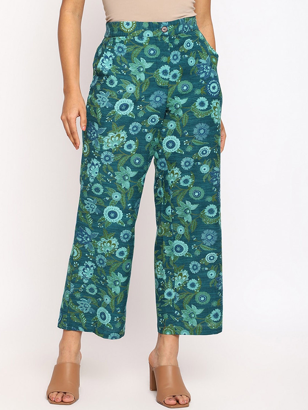 

Fabindia Women Floral Printed Comfort Cotton Parallel Trousers, Teal