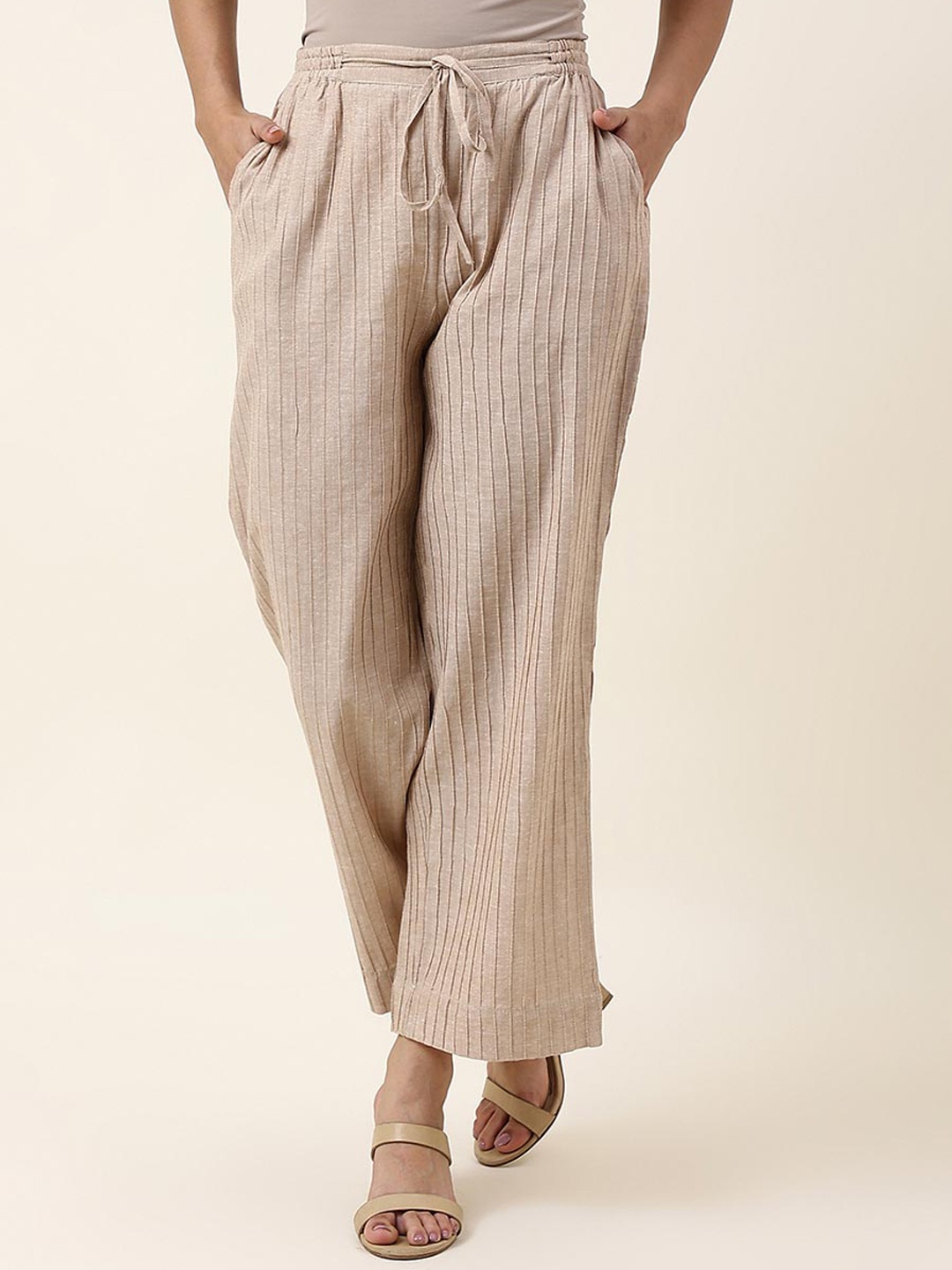 

Fabindia Women Mid-Rise Striped Comfort Pleated Plain Cotton Plain Parallel Trousers, Beige