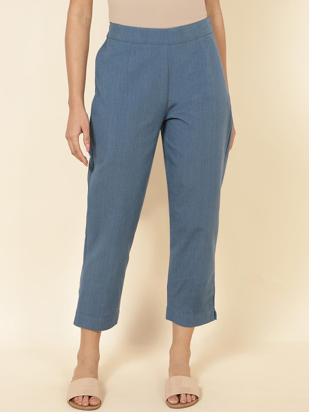 

Fabindia Women Comfort Slim Fit Trousers, Navy blue