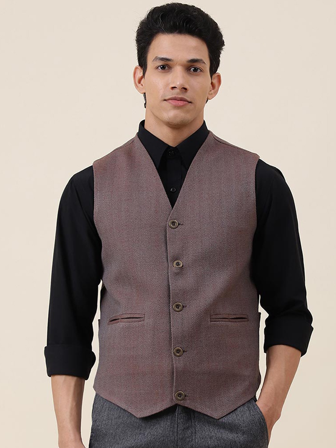 

Fabindia Self Design Slim Fit Pure Wool Waistcoat, Brown