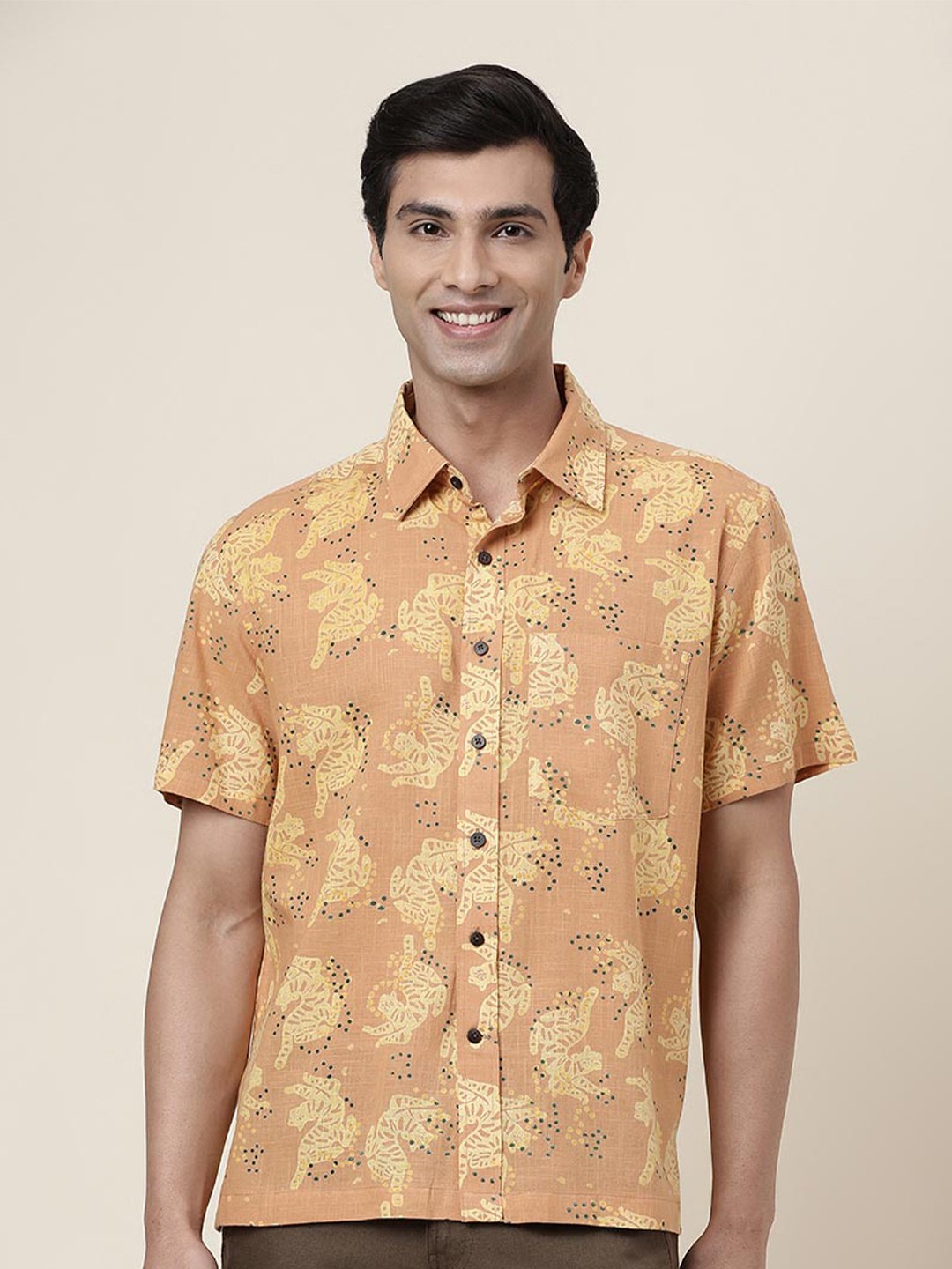 

Fabindia Men Printed Casual Cotton Shirt, Orange