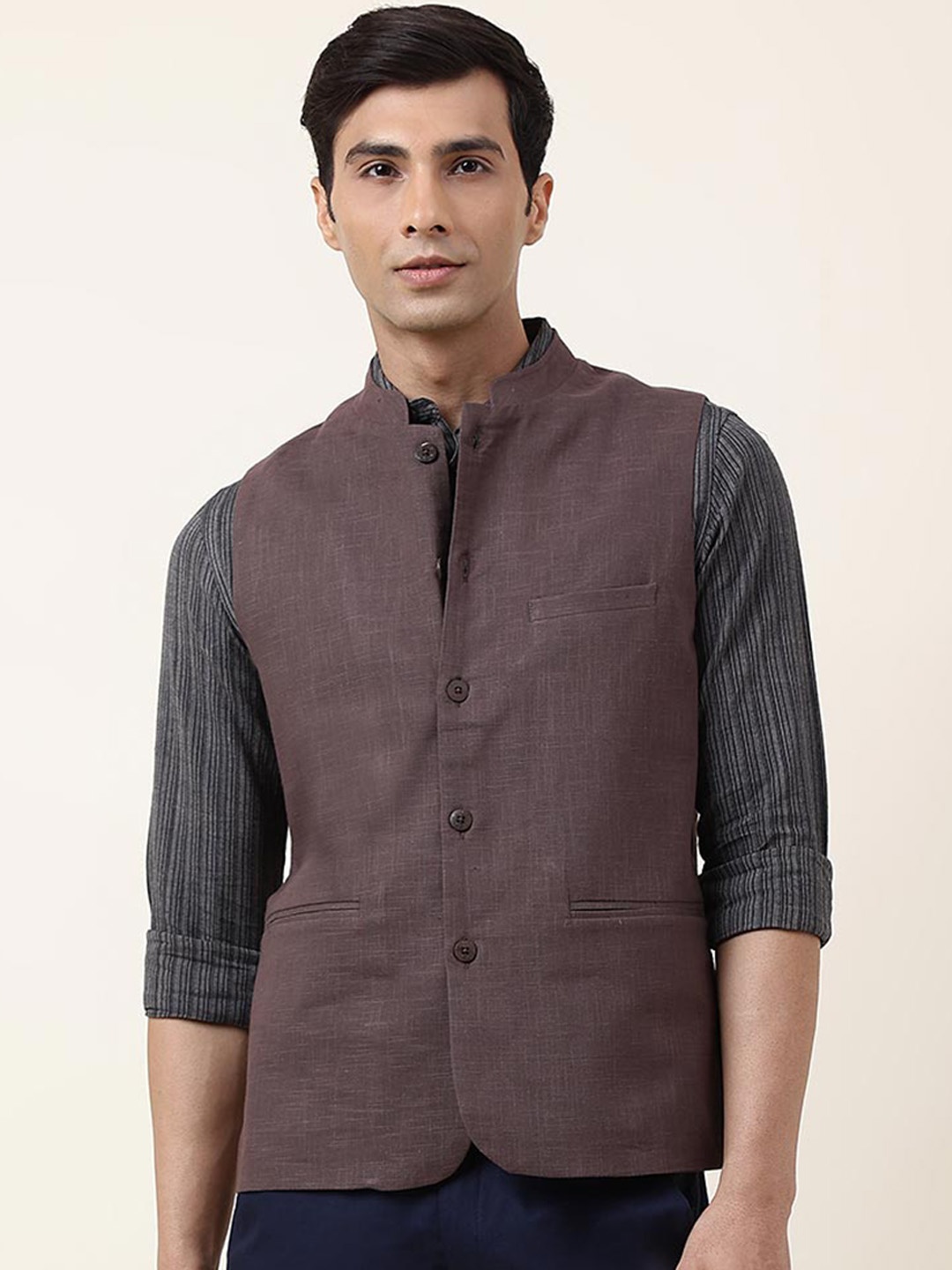 

Fabindia Slim Fit Pure Cotton Woven Nehru Jacket, Brown