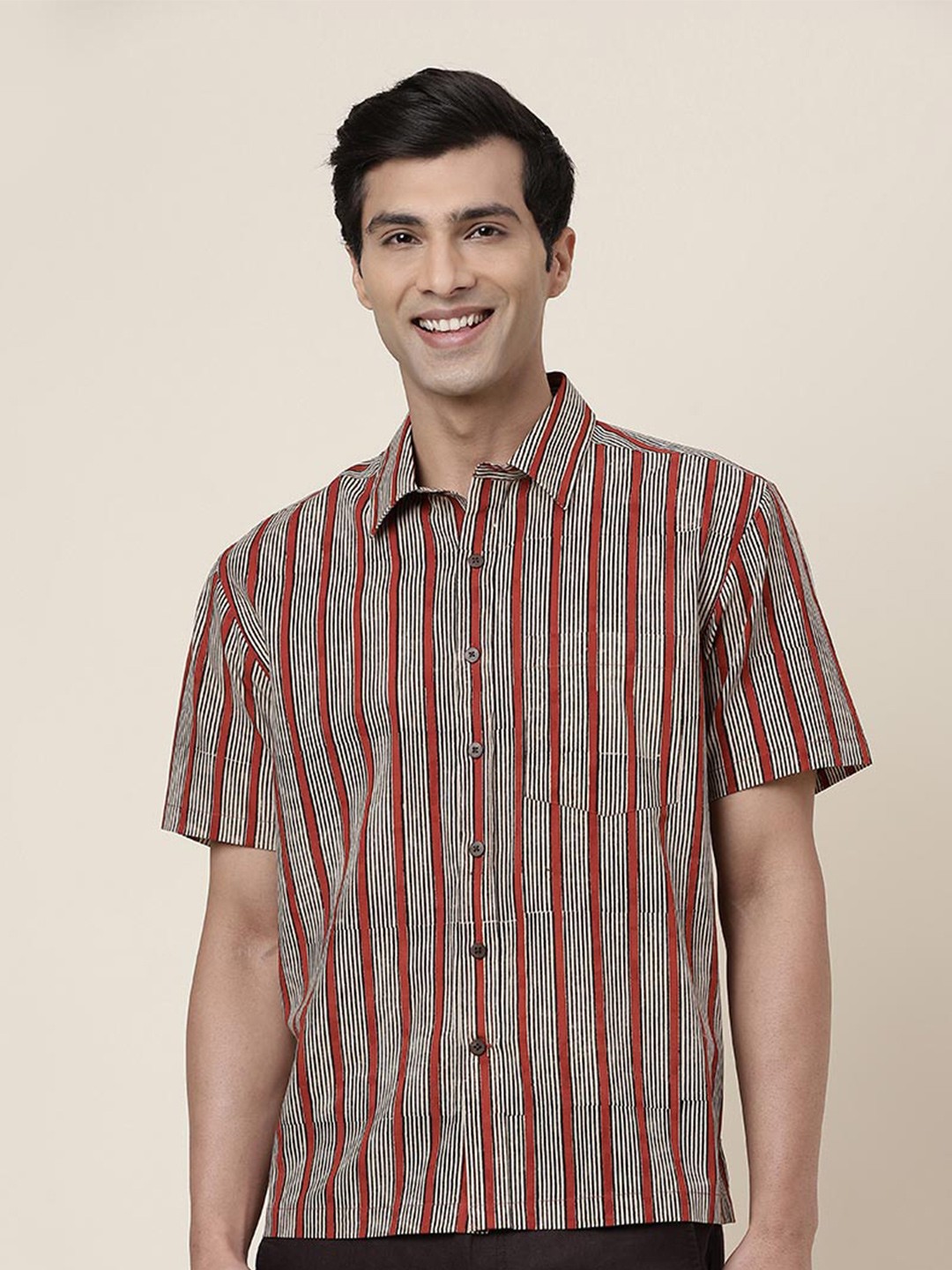 

Fabindia Striped Spread Collar Cotton Casual Shirt, Red