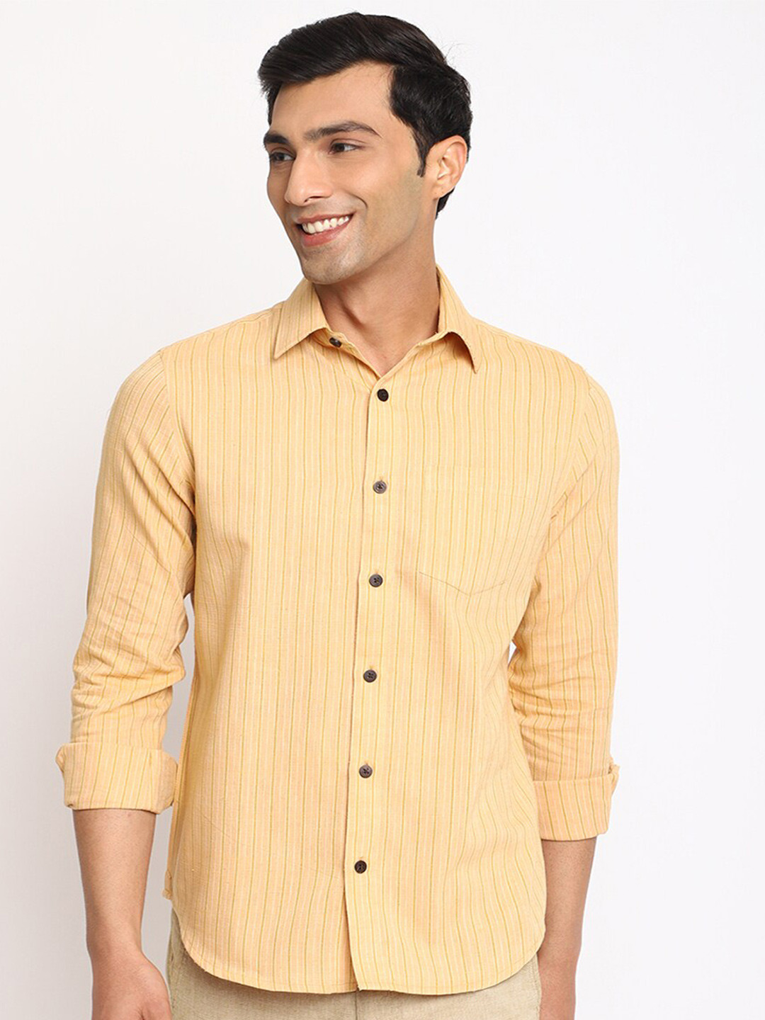 

Fabindia Striped Slim Fit Cotton Casual Shirt, Beige