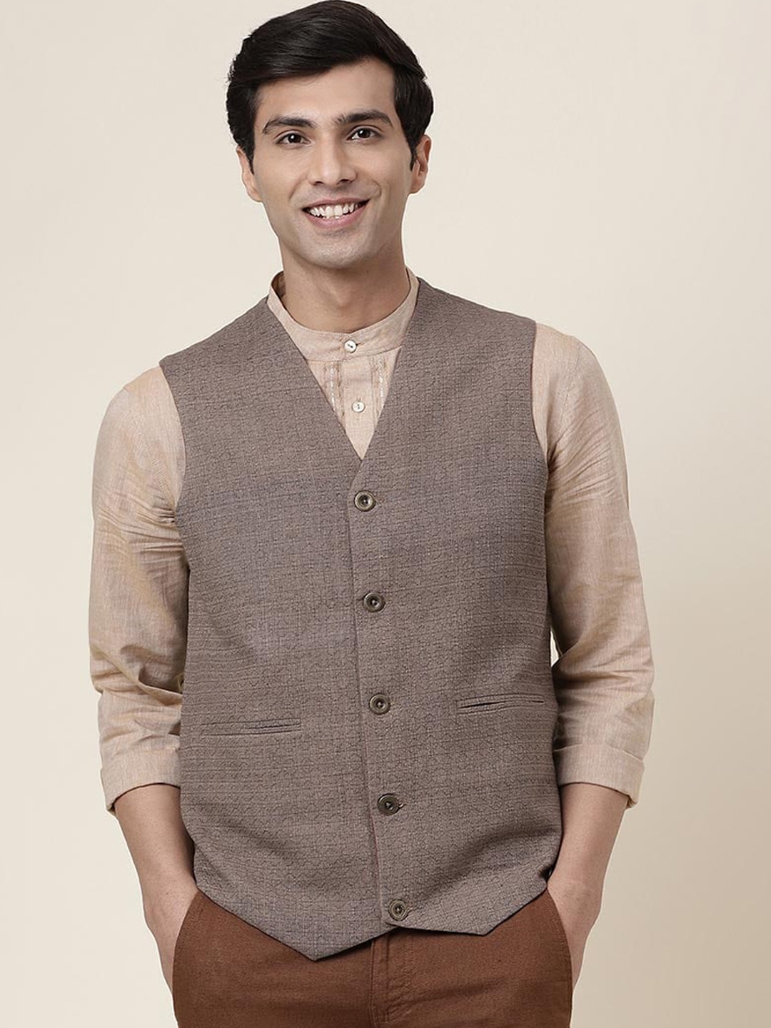 

Fabindia Self Design Slim Fit Pure Cotton Woven Waistcoat, Brown