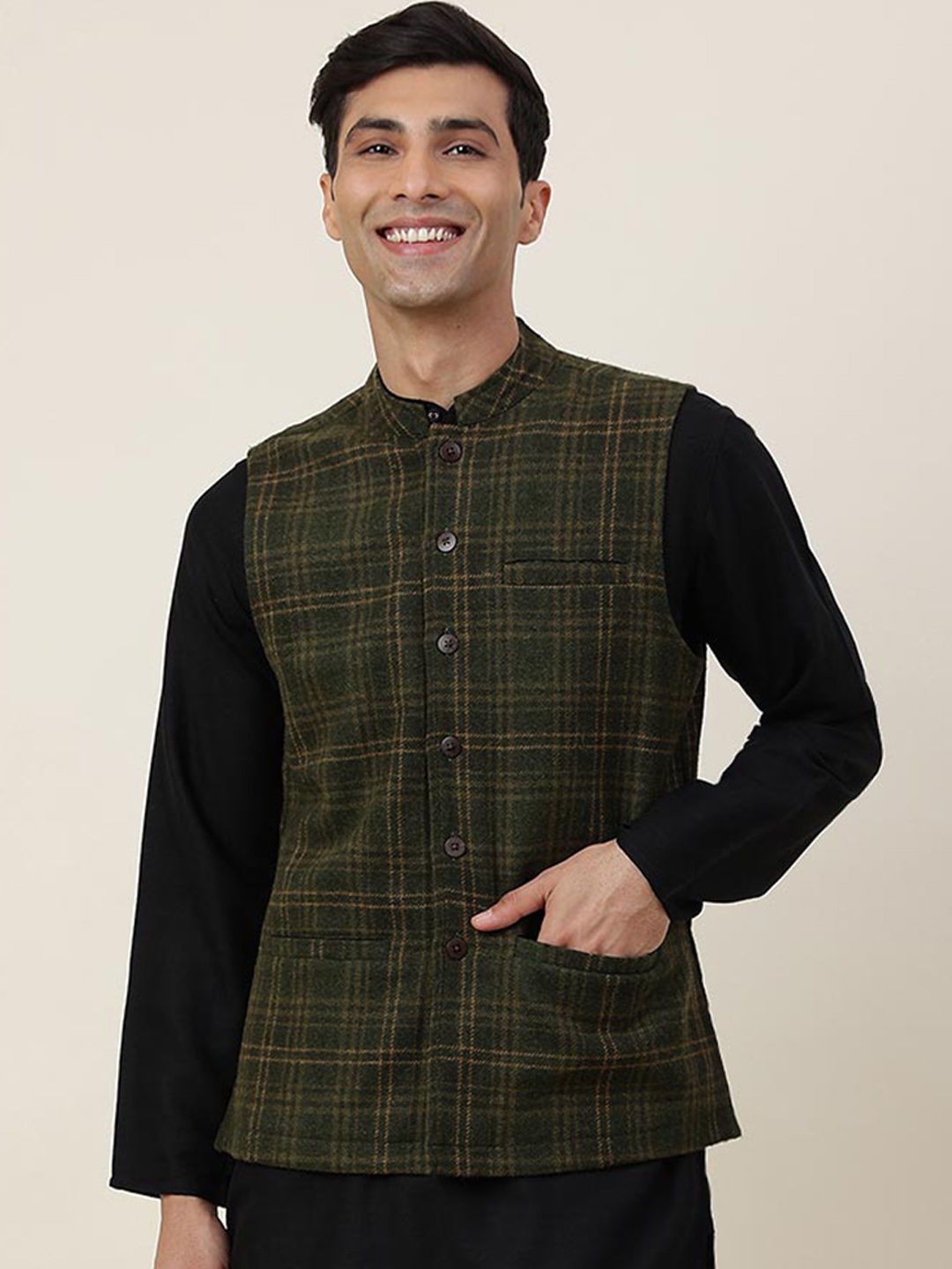 

Fabindia Checked Woolen Nehru Jackets, Olive