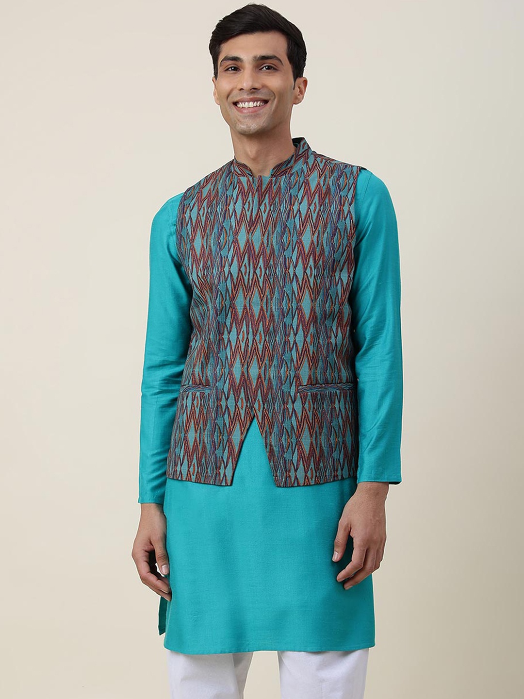 

Fabindia Mandarin Collar Kurta with Churidar with Nehru Jacket, Teal